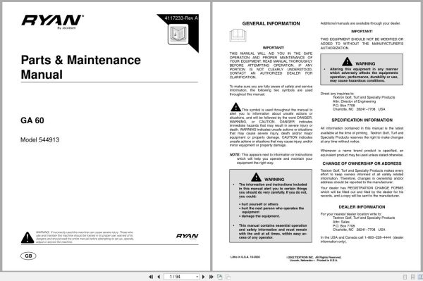 Ryan Aerator Ga 60 544913 Parts Maintenance Manual 4117233 A 2002 (1)
