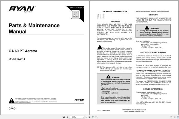 Ryan Aerator Ga 60 Pt 544914 Parts Maintenance Manual 4117235 A 2002 (1)