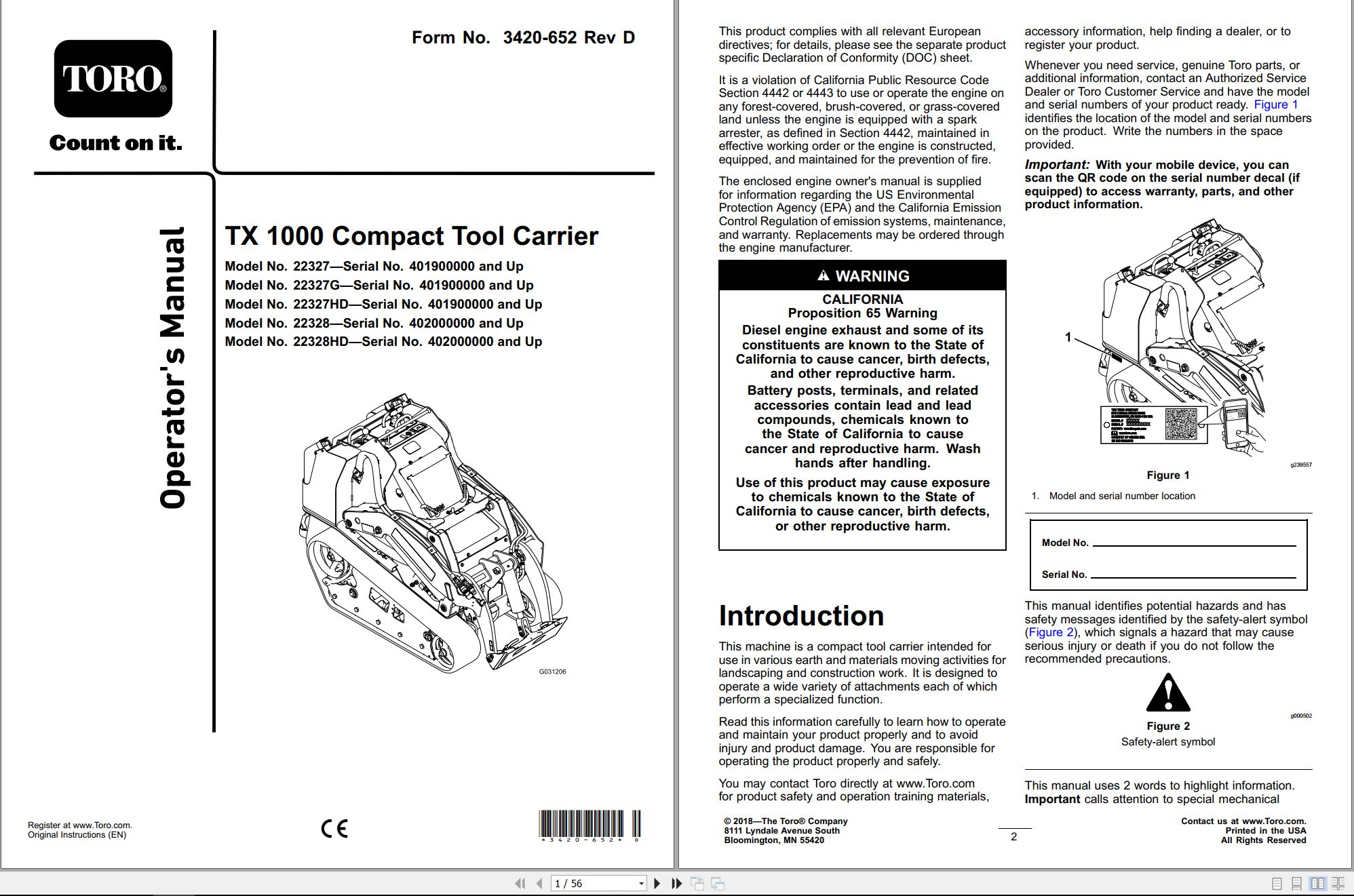 TORO Compact Tool Carrier TX 1000 Operators Manual 374 0282 2018 1