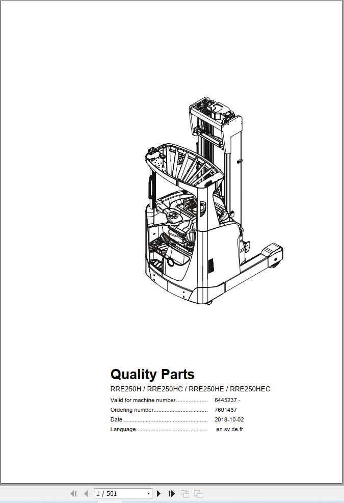 Toyota BT Forklift RRE250H RRE250HC RRE250HE RRE250HEC Parts Catalog 7601437 2