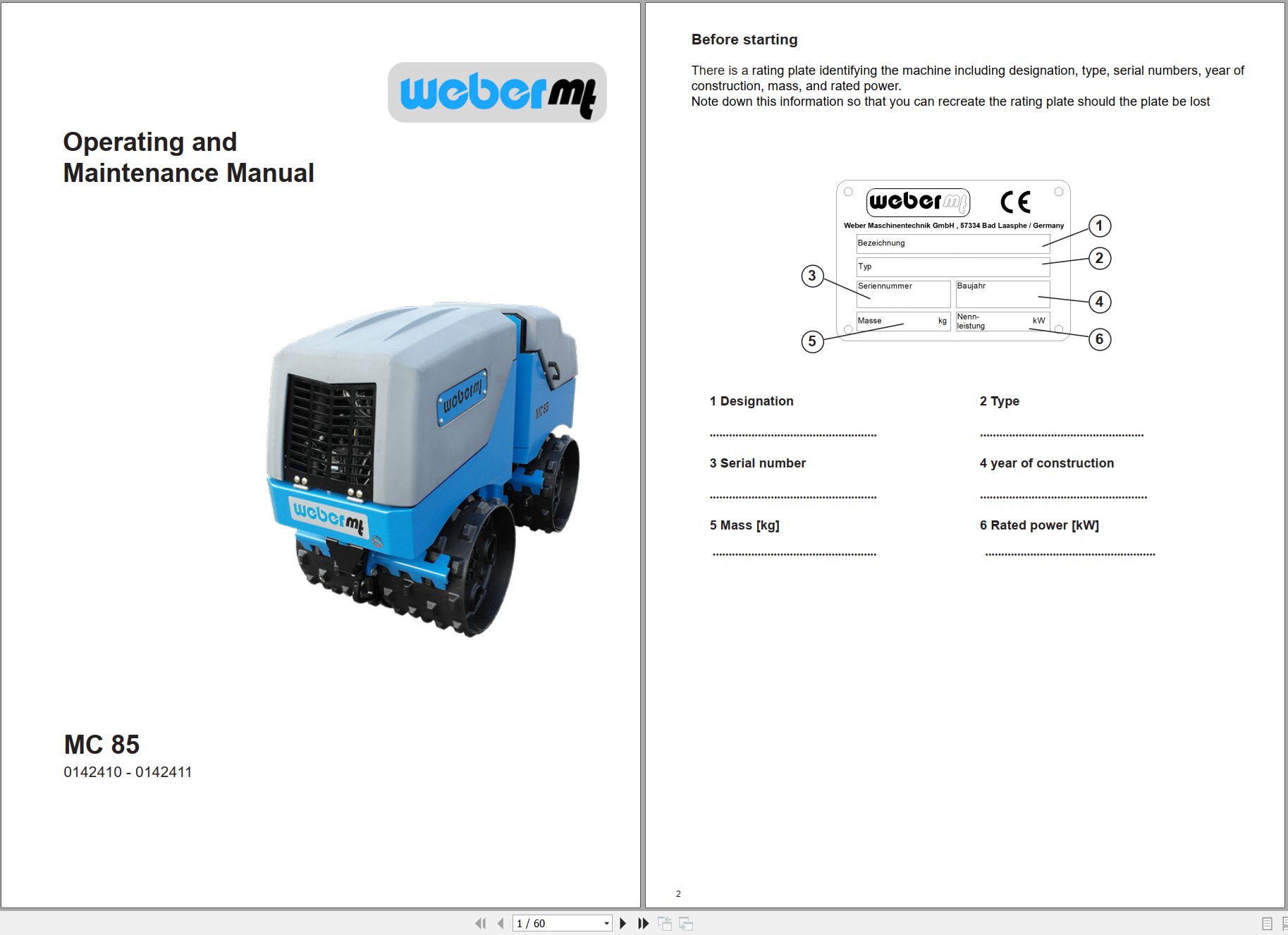 Weber MT Trench Roller MC 85 Operation Maintenance Manual 085103151 104 2020 1