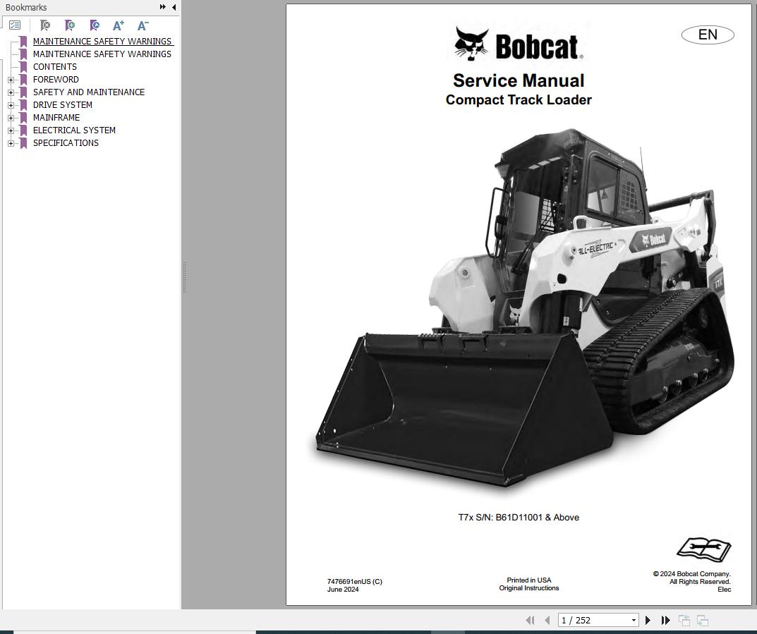 Bobcat Compact Track Loader T7x Service Manual 7476691enUS 2024 1