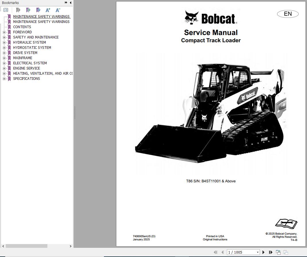 Bobcat Compact Track Loader T86 Service Manual 7406905enUS 2025 1