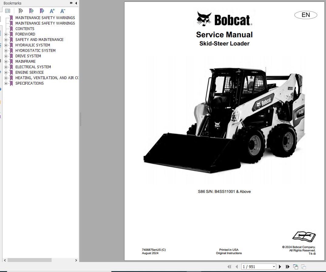 Bobcat Skid Steer Loader S86 Service Manual 7406875enUS 2024 1