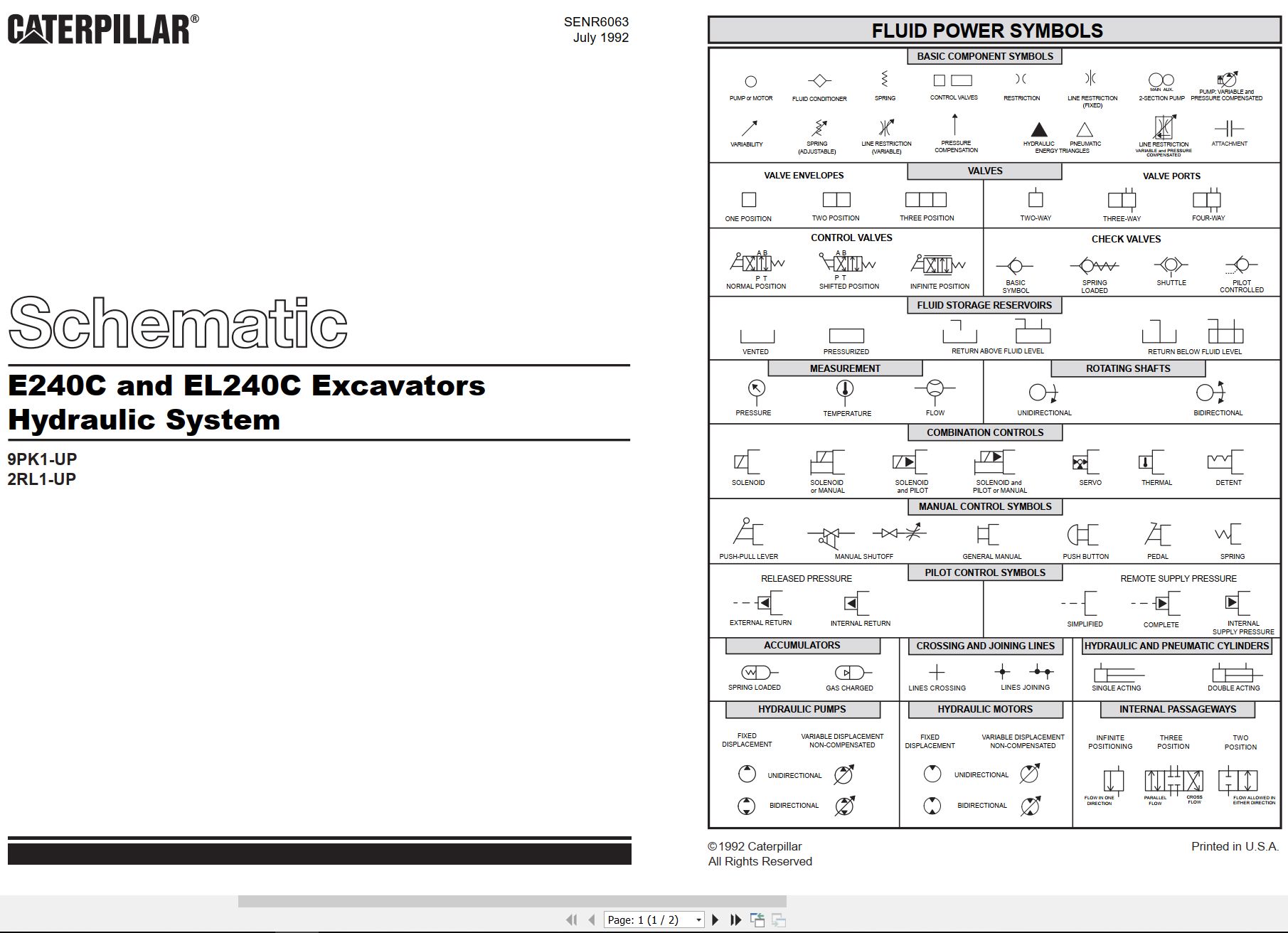 CAT Excavator E240C EL240C Hydraulic Schematic SENR6063 00 1992 (1)