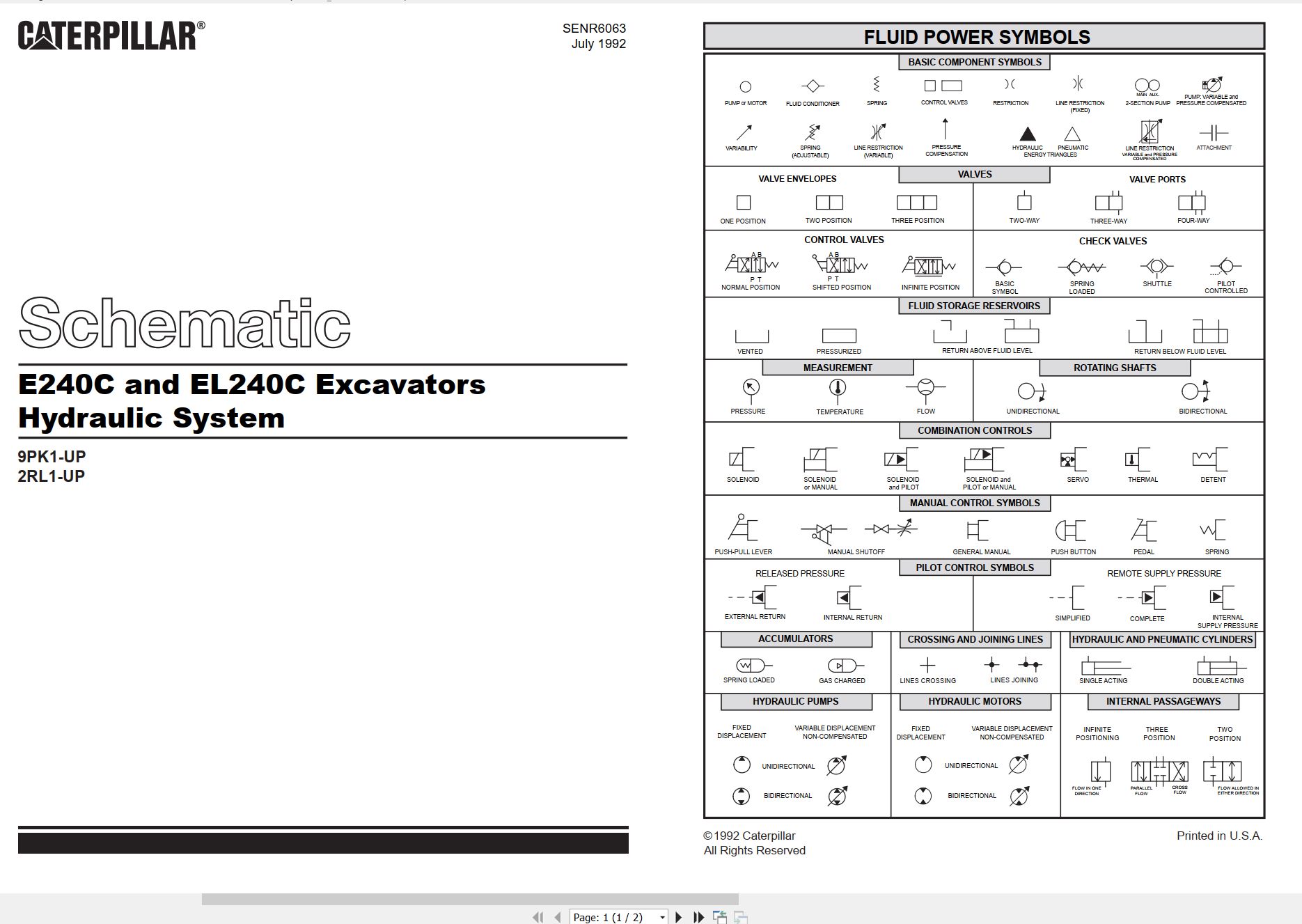 CAT Excavator EL240C Hydraulic Schematic SENR6063 00 1992 (1)