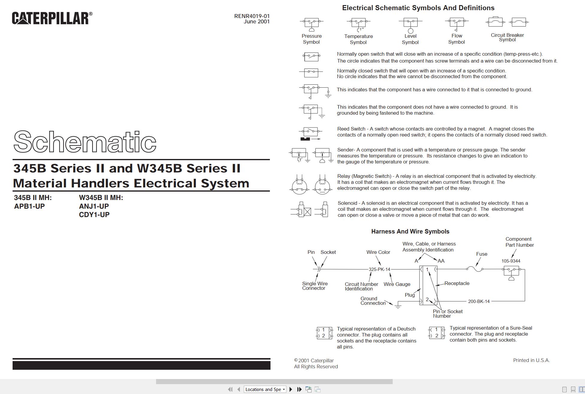 CAT Material Handler 345B W345B II Electrical Schematic RENR4019 01 2001 (1)
