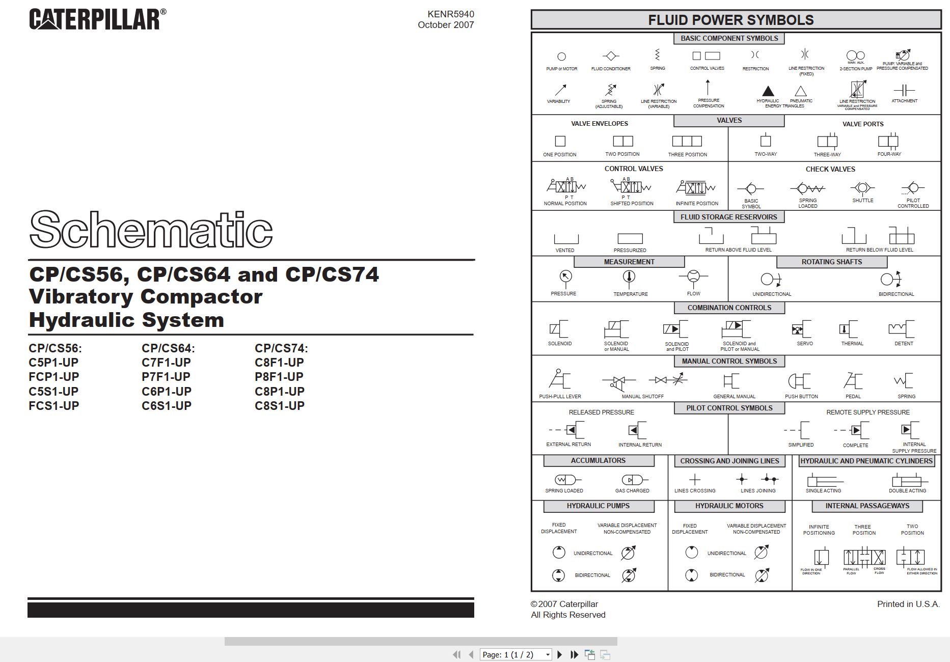 CAT Vibratory Compactor CS56 to CS74 Hydraulic Schematic KENR5940 00 2007 (1)