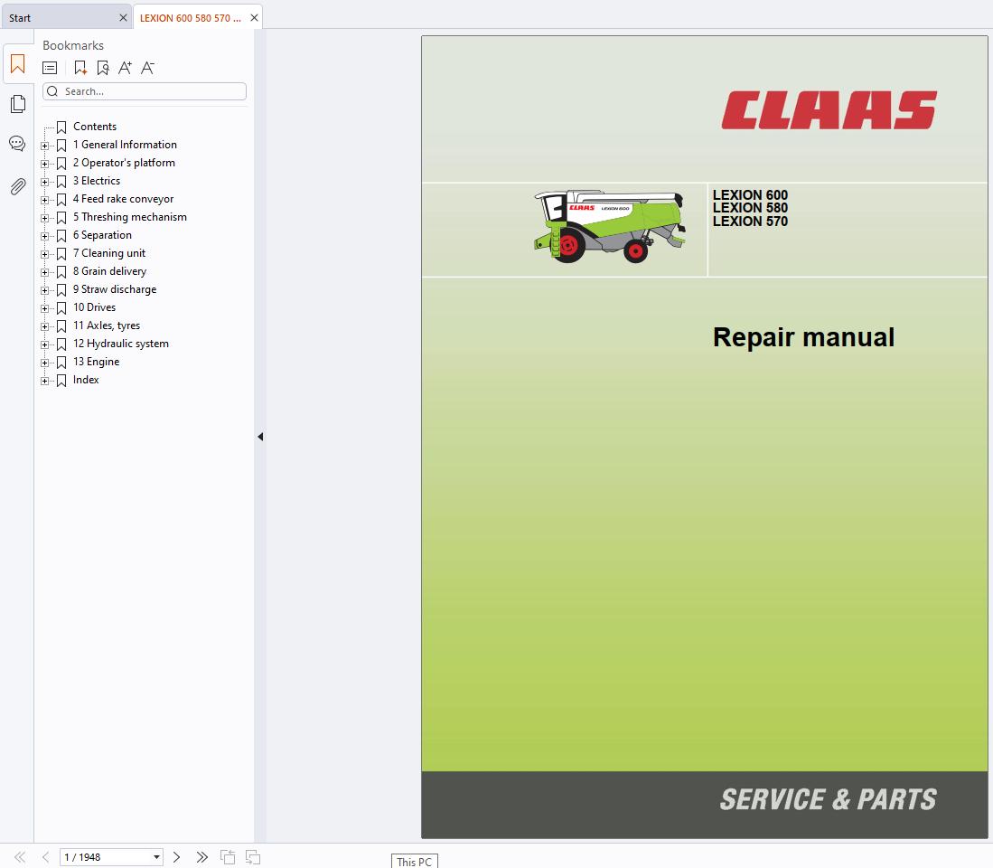 CLAAS Combine Harvester Lexion 570 580 R (585) Repair Manual