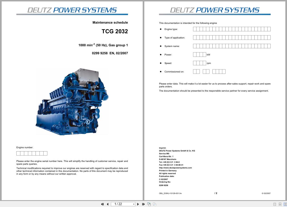 Deutz Engine TCG2032 Maintenance Schedule 02999258 1