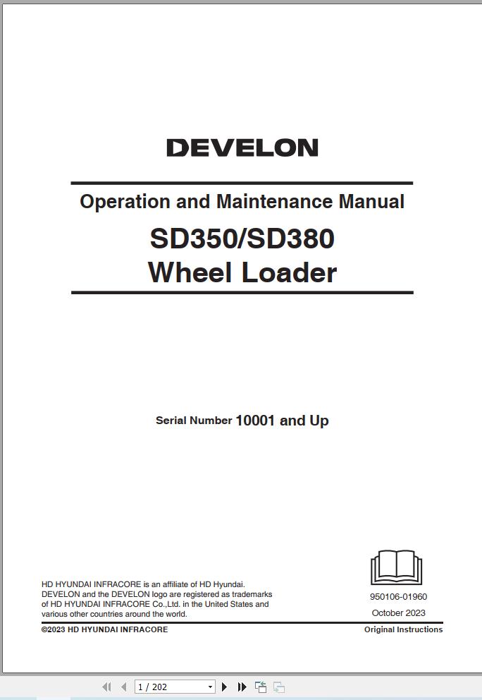 Develon Wheel Loader SD350 SD380 Operation and Maintenance Manual 950106 01960 1