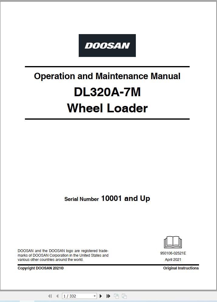 Doosan Wheel Loader DL320A 7M Operation and Maintenance Manual 950106 02521E 1