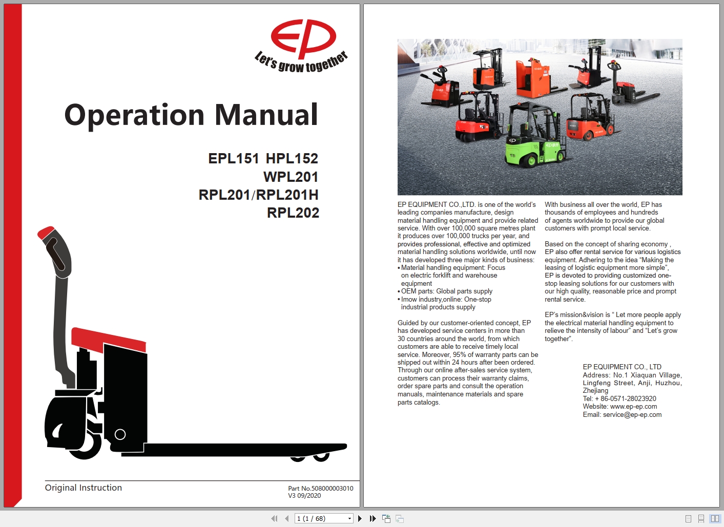 EP Forklift EPL151 HPL152 WPL201 RPL201 RPL201H RPL202 Operation Manual 508000003010 2020 1