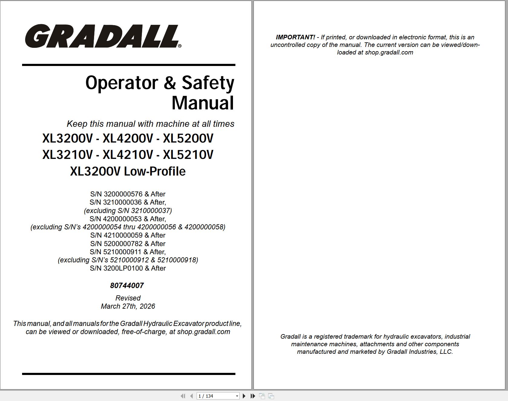 Gradall Excavator XL3200V Operators Parts Service Manual EN FR (1)