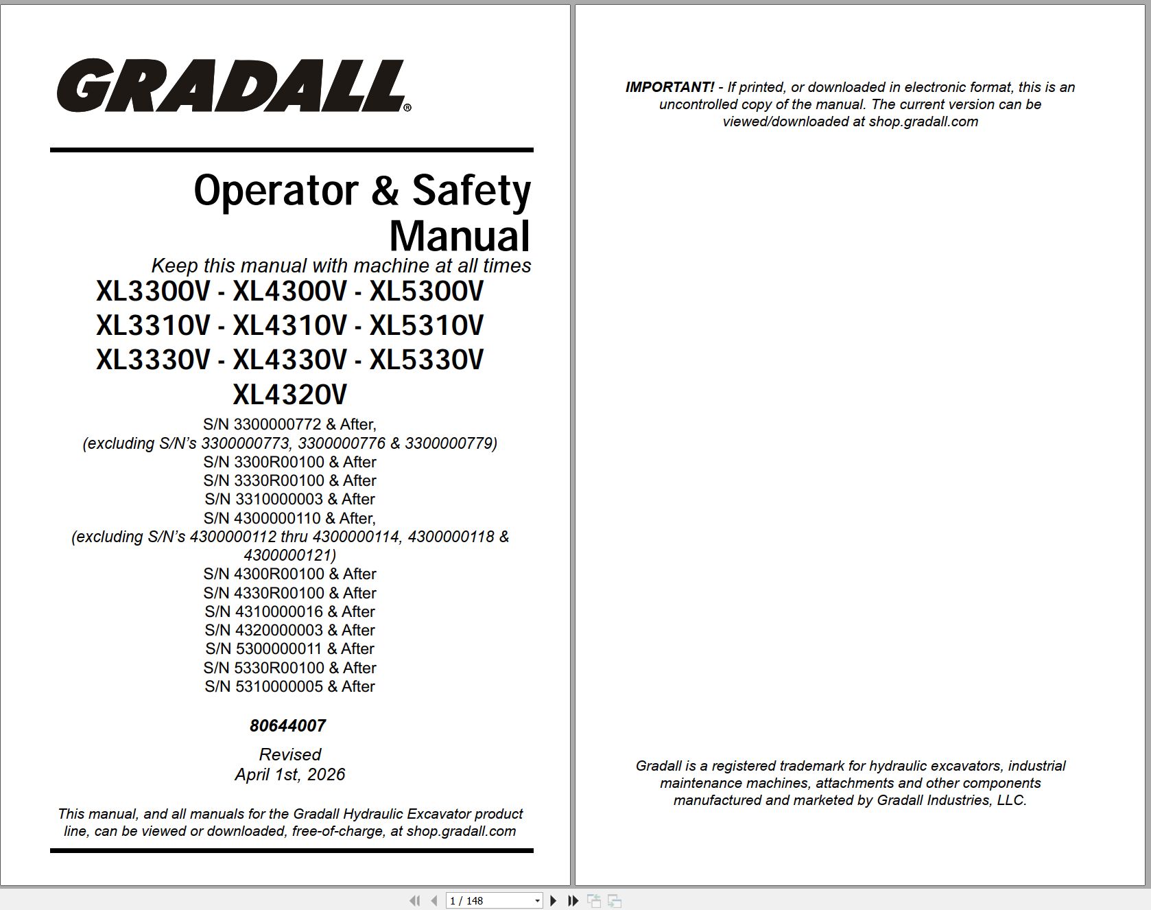 Gradall Excavator XL3330V Operators Parts Service Manual (1)