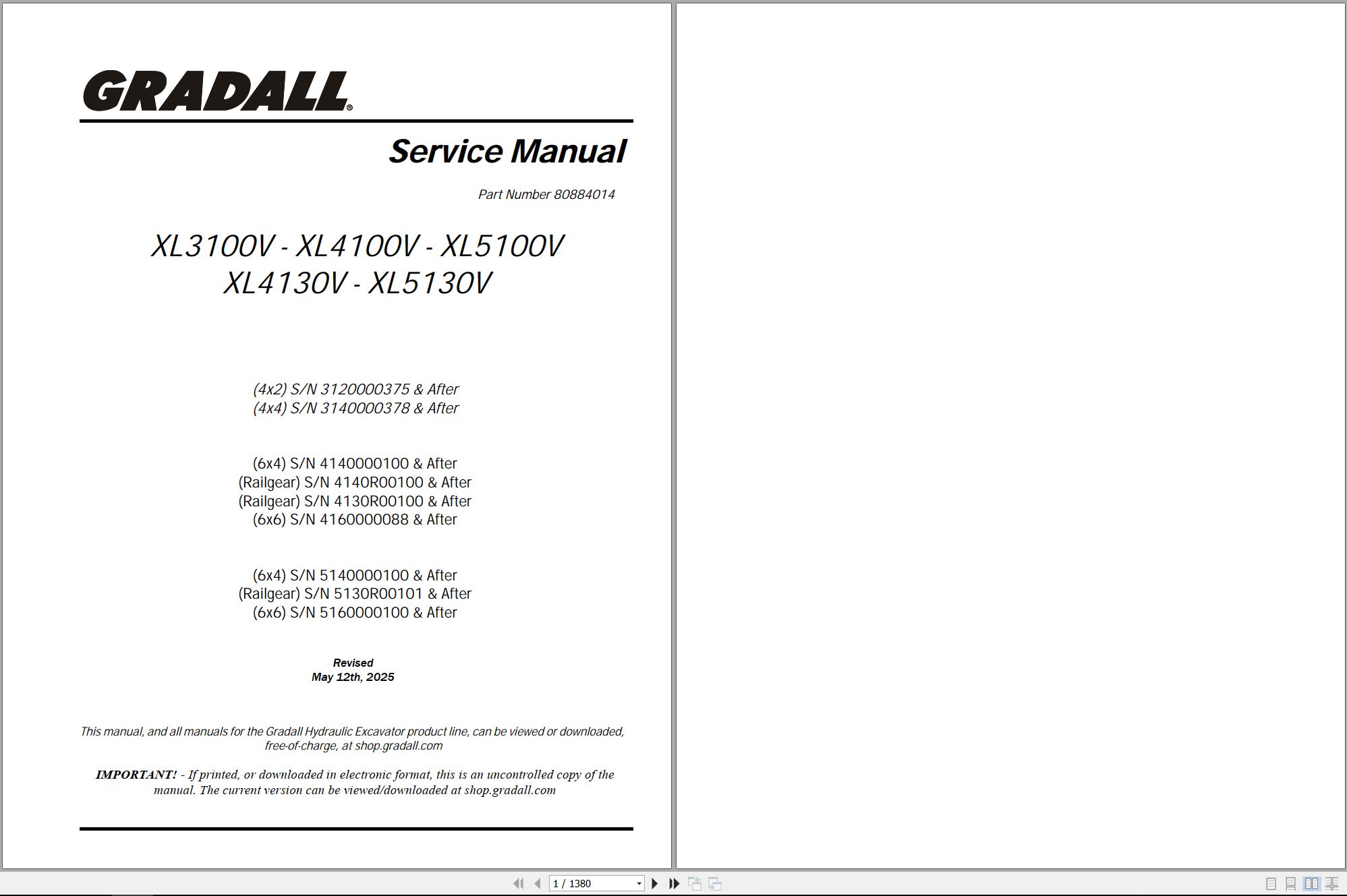 Gradall Excavator XL4130V Operators Parts Service Manual (1)