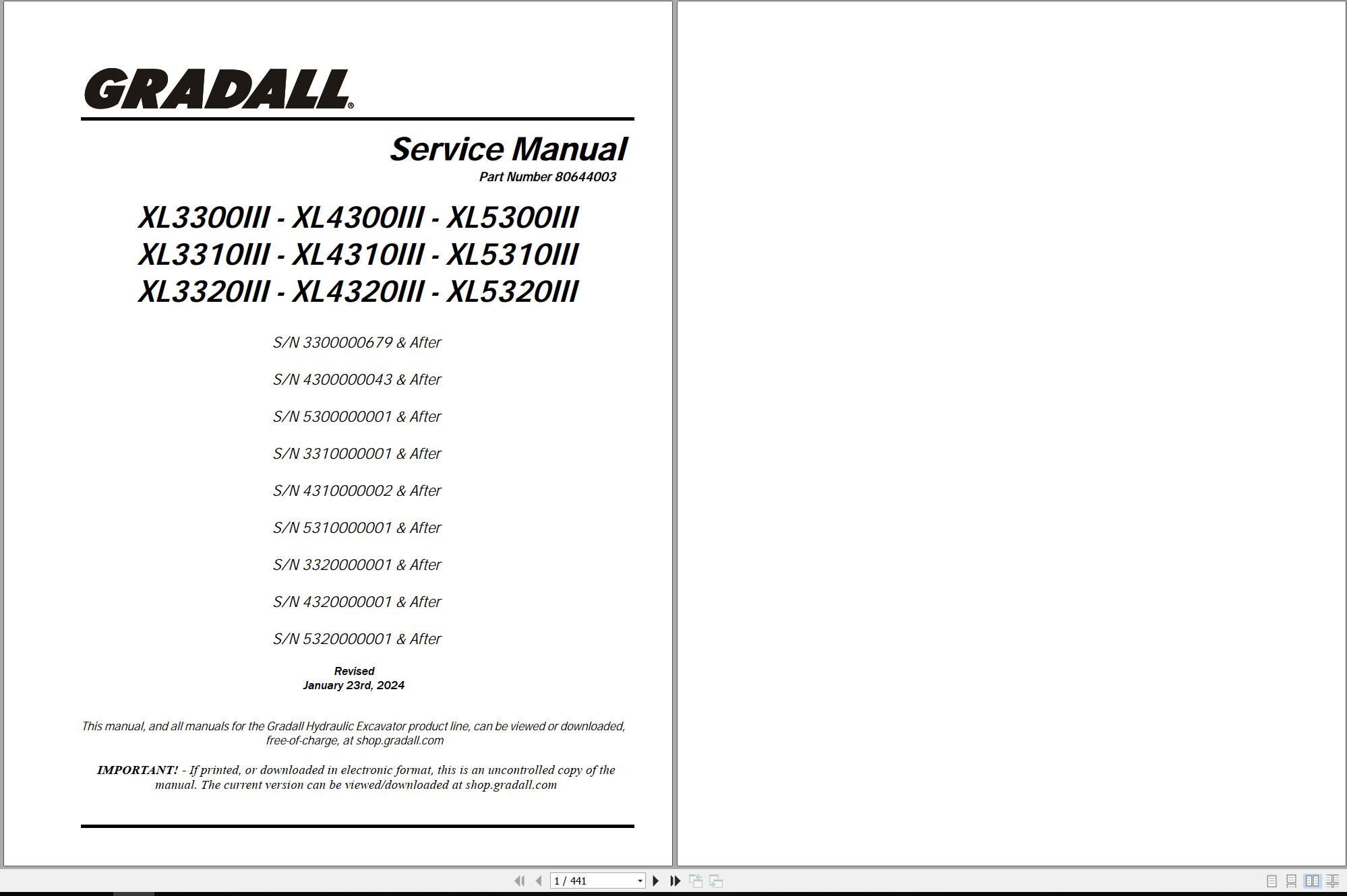 Gradall Excavator XL4300III Operators Parts Service Manual (1)