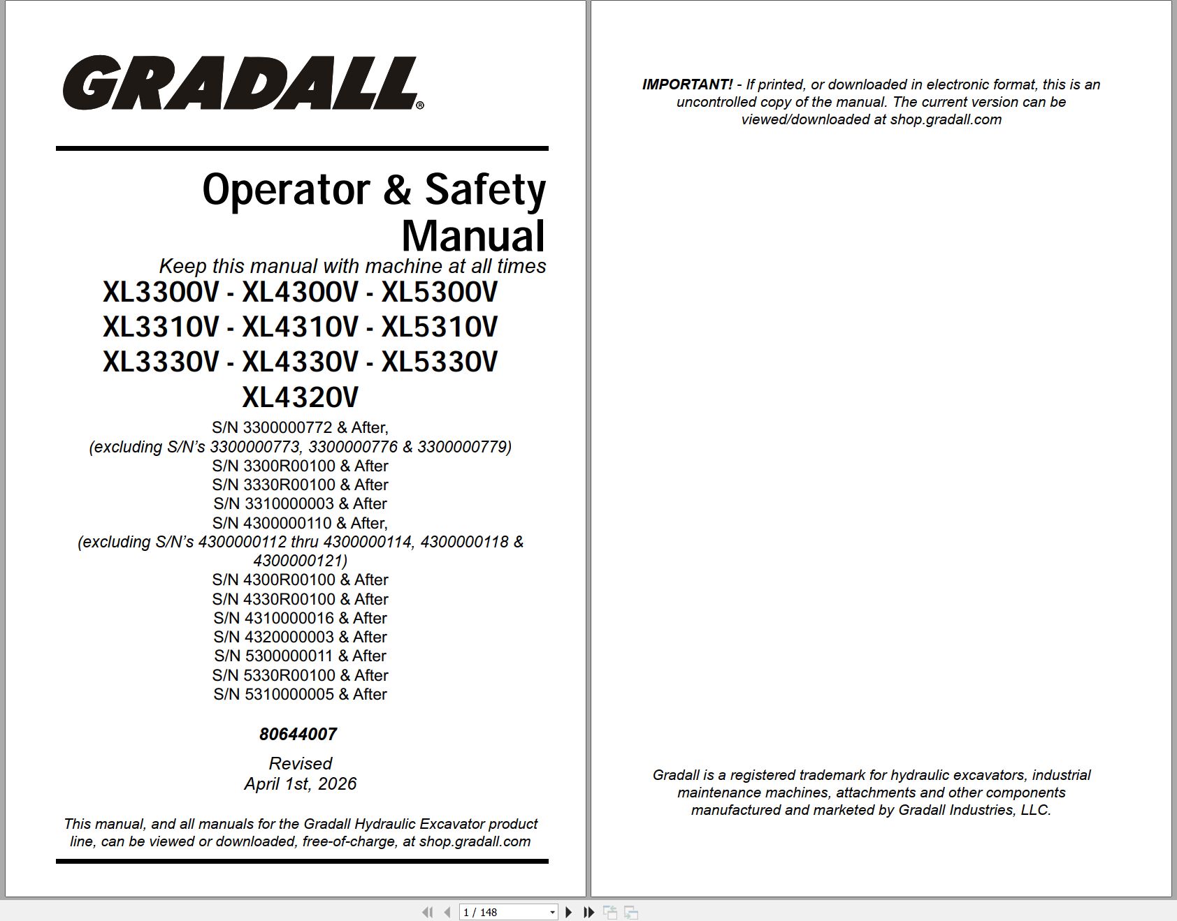 Gradall Excavator XL4320 Operators Parts Service Manual (1)