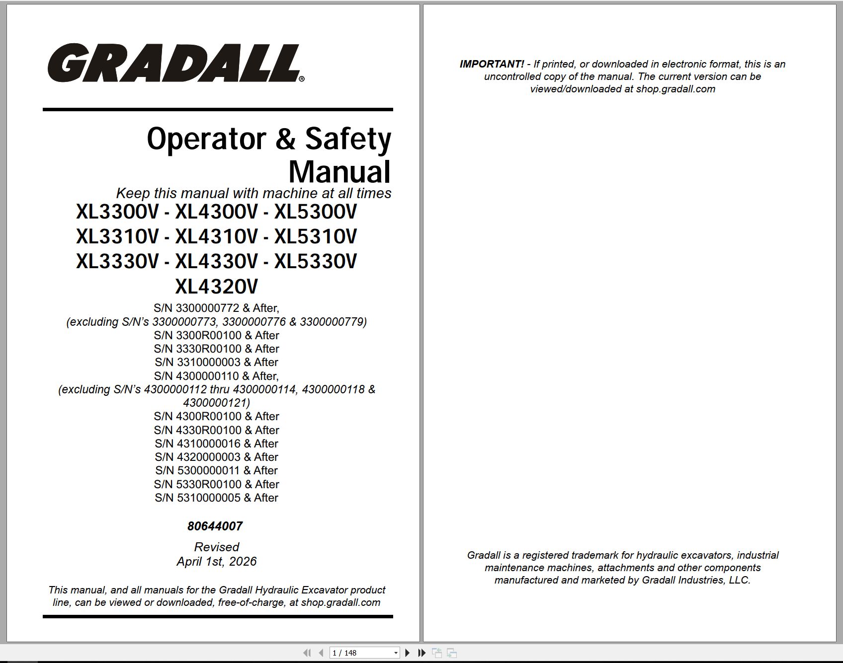 Gradall Excavator XL4320V Operators Parts Service Manual (1)