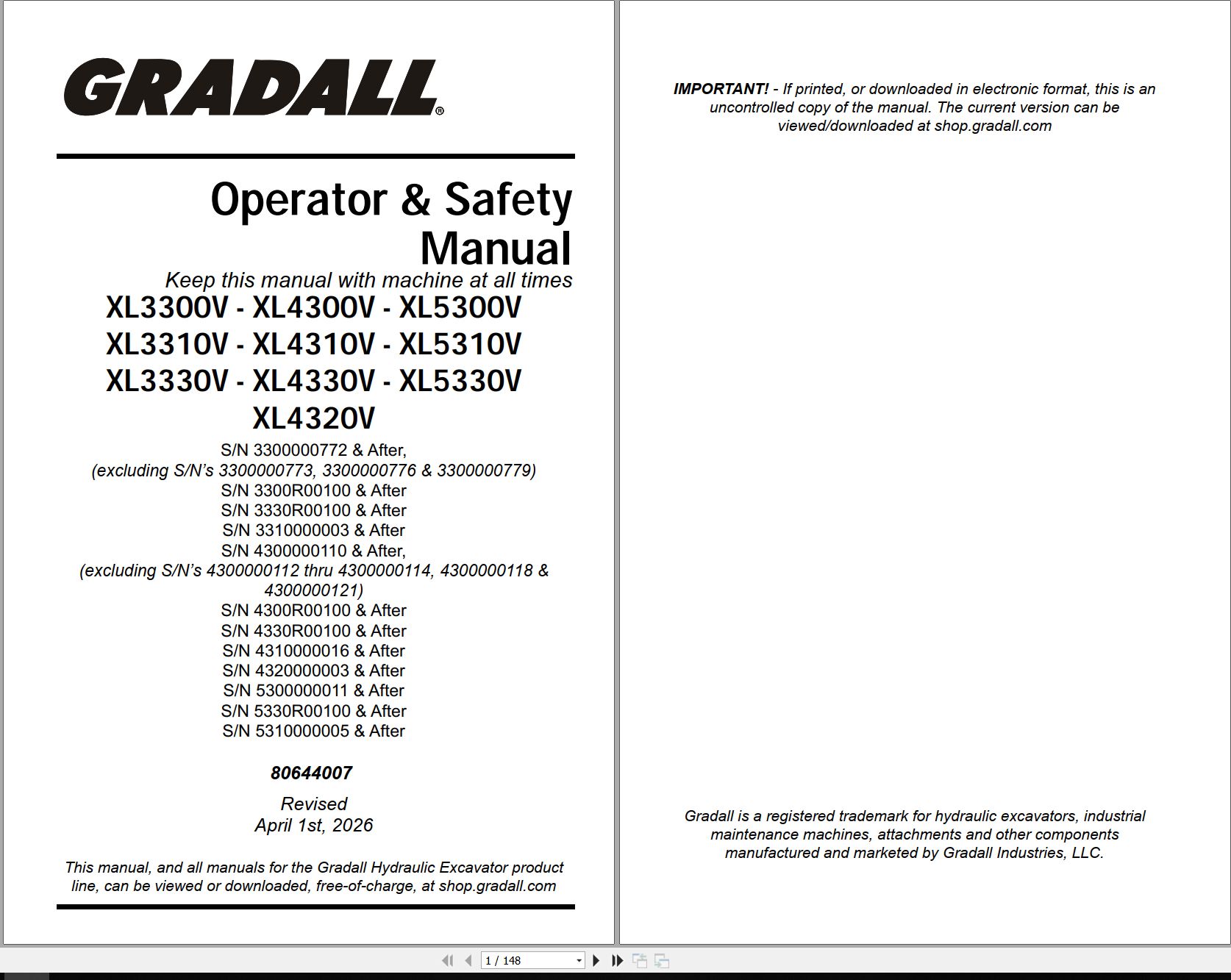 Gradall Excavator XL4330V Operators Parts Service Manual (1)