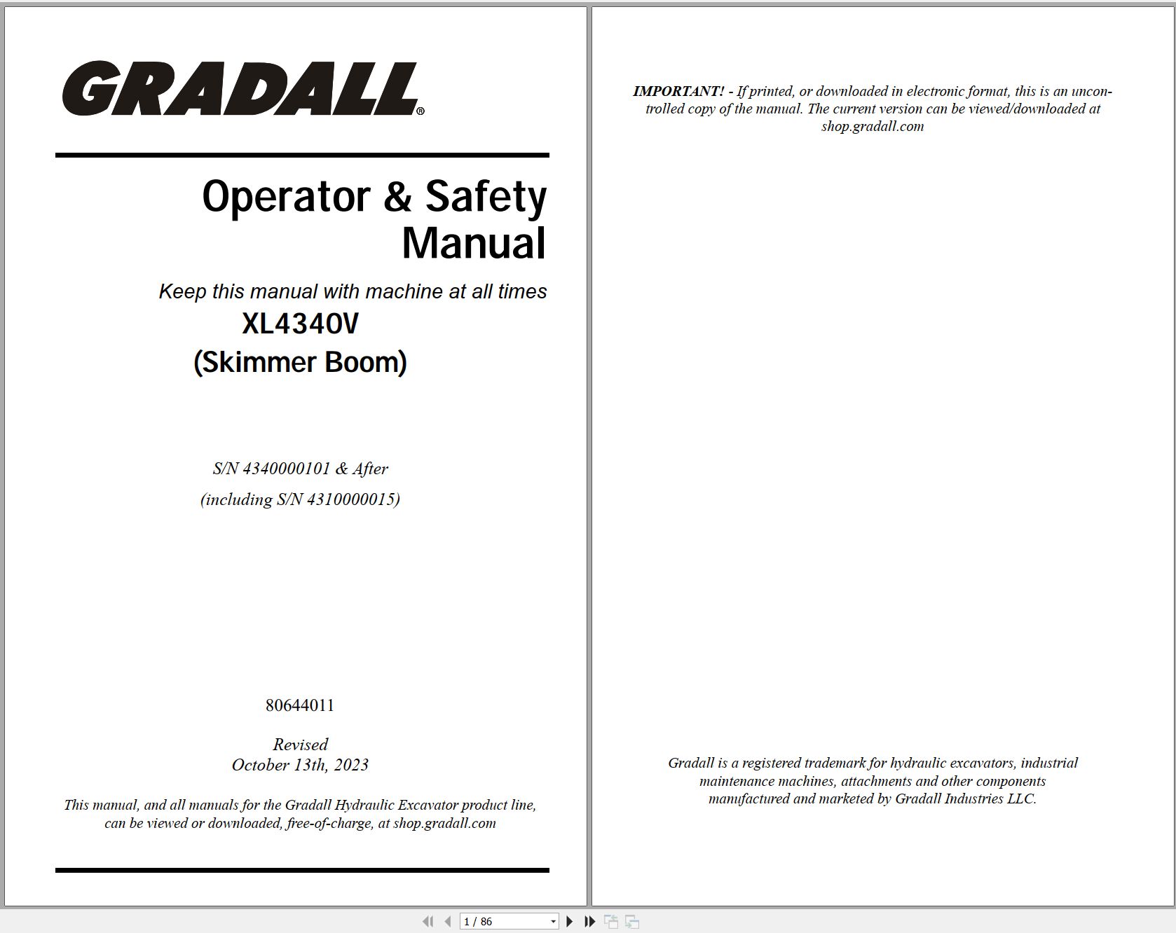 Gradall Excavator XL4340V Operators Parts Service Manual (1)