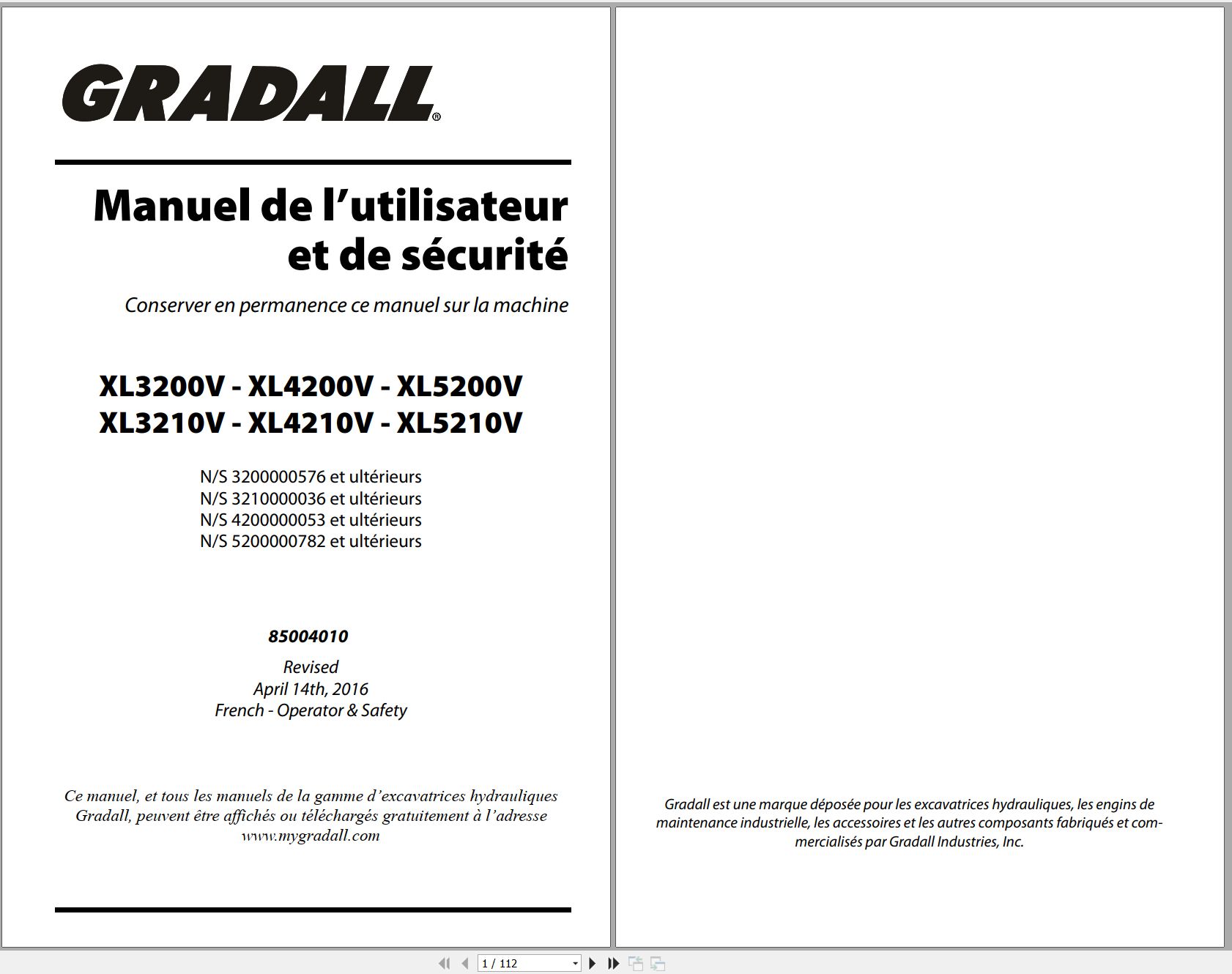 Gradall Excavator XL5200V Operators Parts Service Manual EN FR (1)