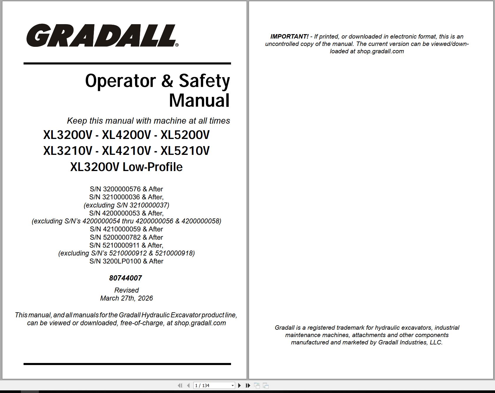 Gradall Excavator XL5210V Operators Parts Service Manual EN FR (1)
