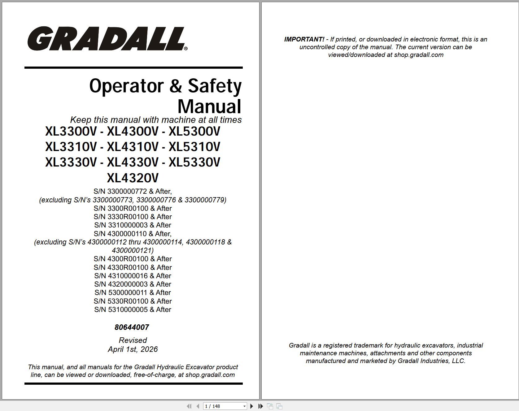 Gradall Excavator XL5330V Operators Parts Service Manual (1)