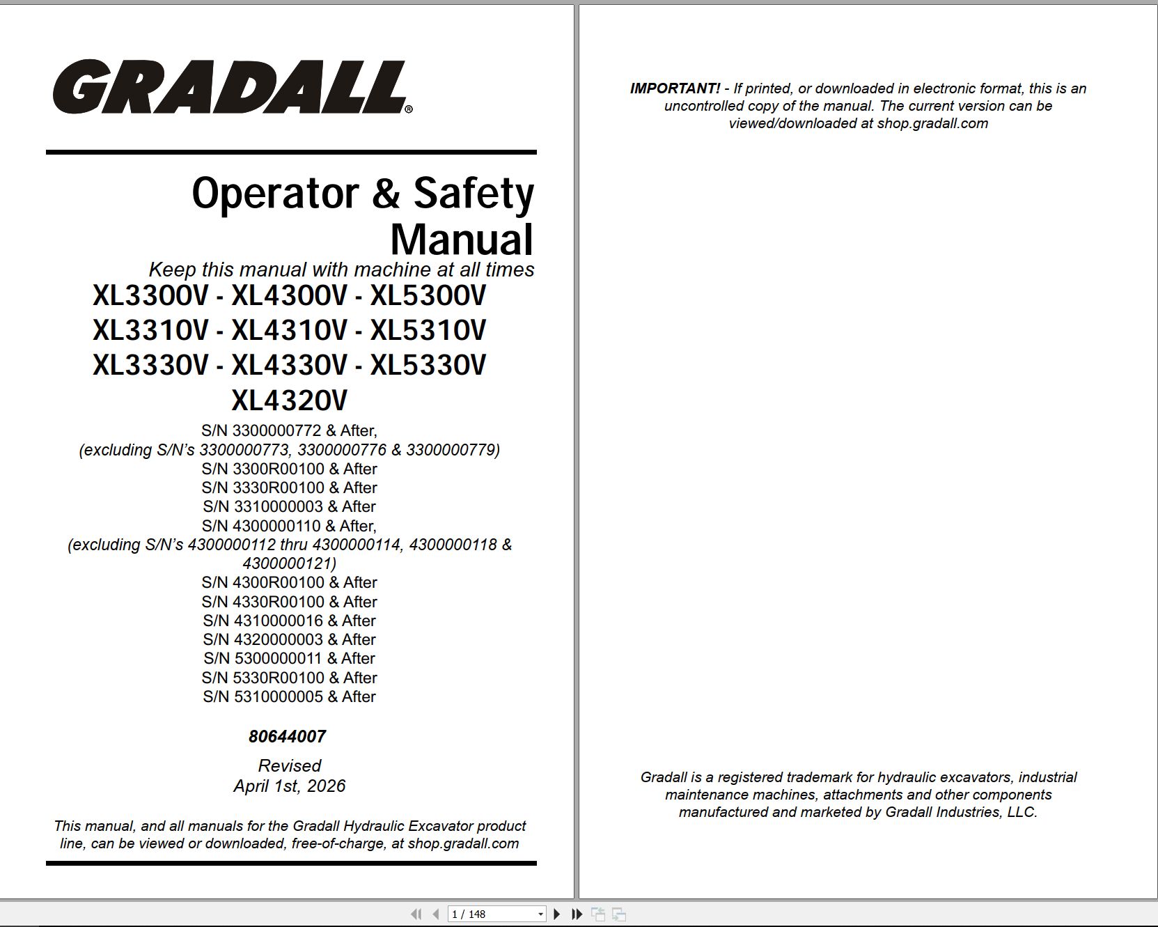 Gradall Wheeled Excavator XL3300V Operators Parts Service Manual (1)