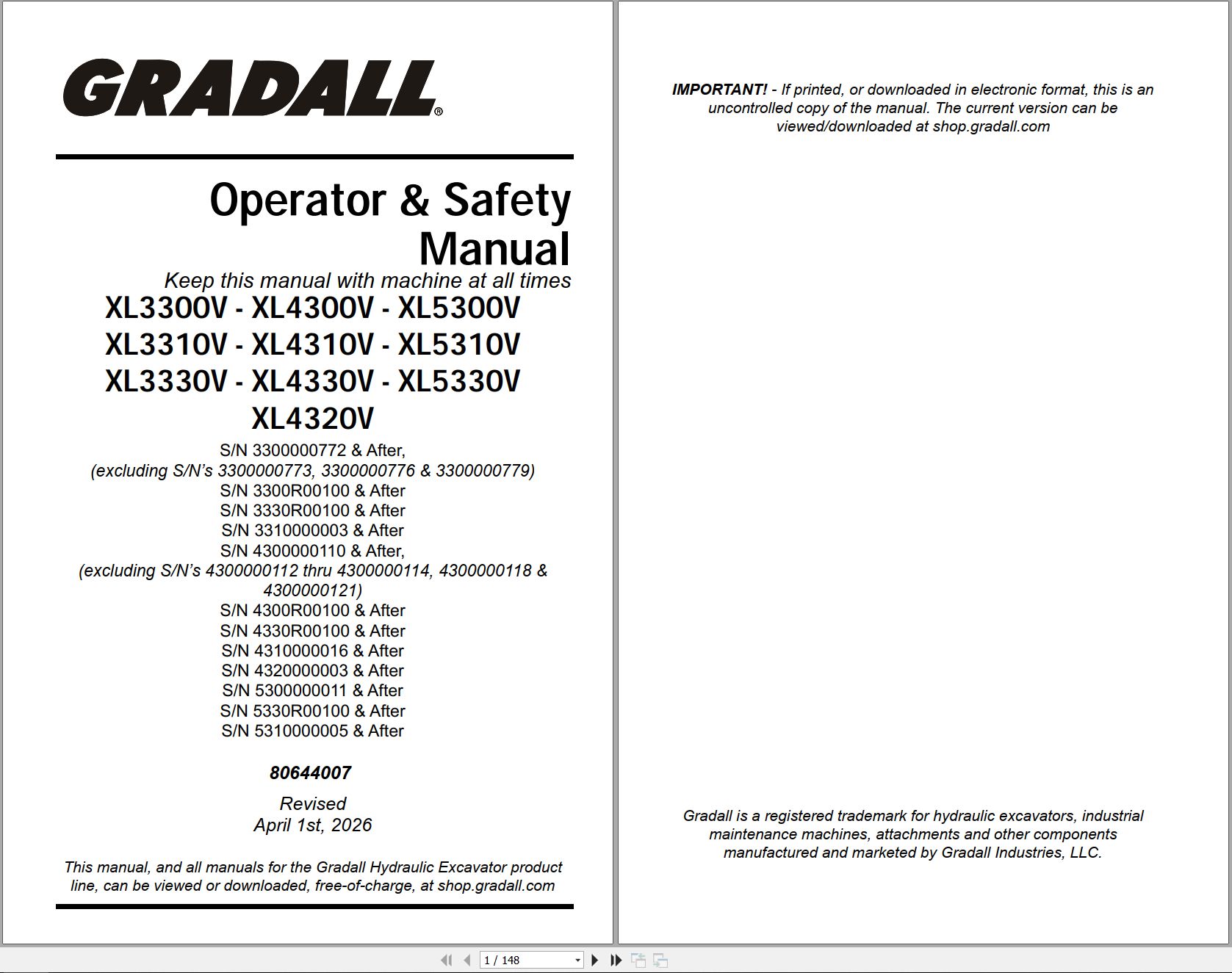Gradall Wheeled Excavator XL4300 Operators Parts Service Manual (1)