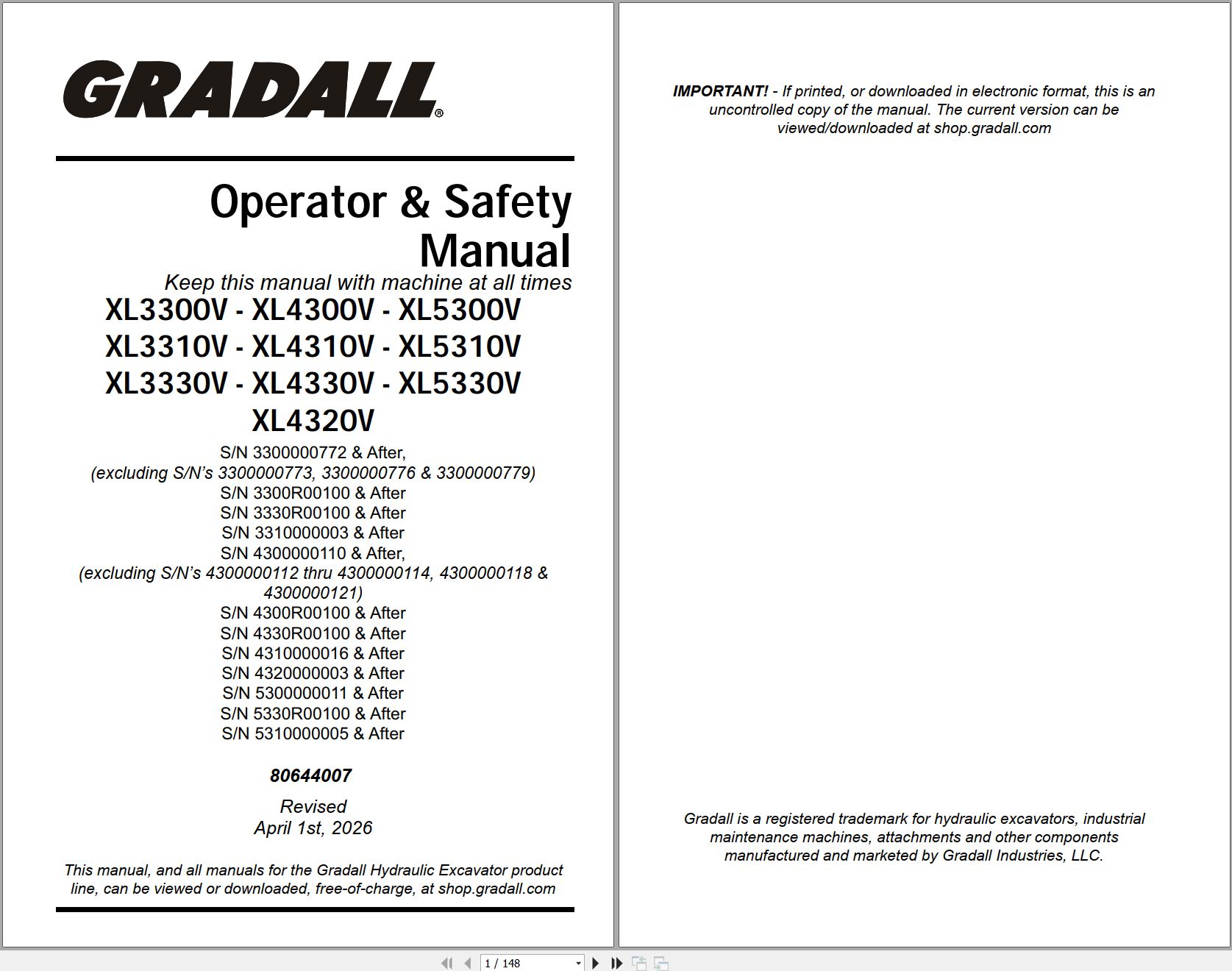 Gradall Wheeled Excavator XL4300V Operators Parts Service Manual (1)