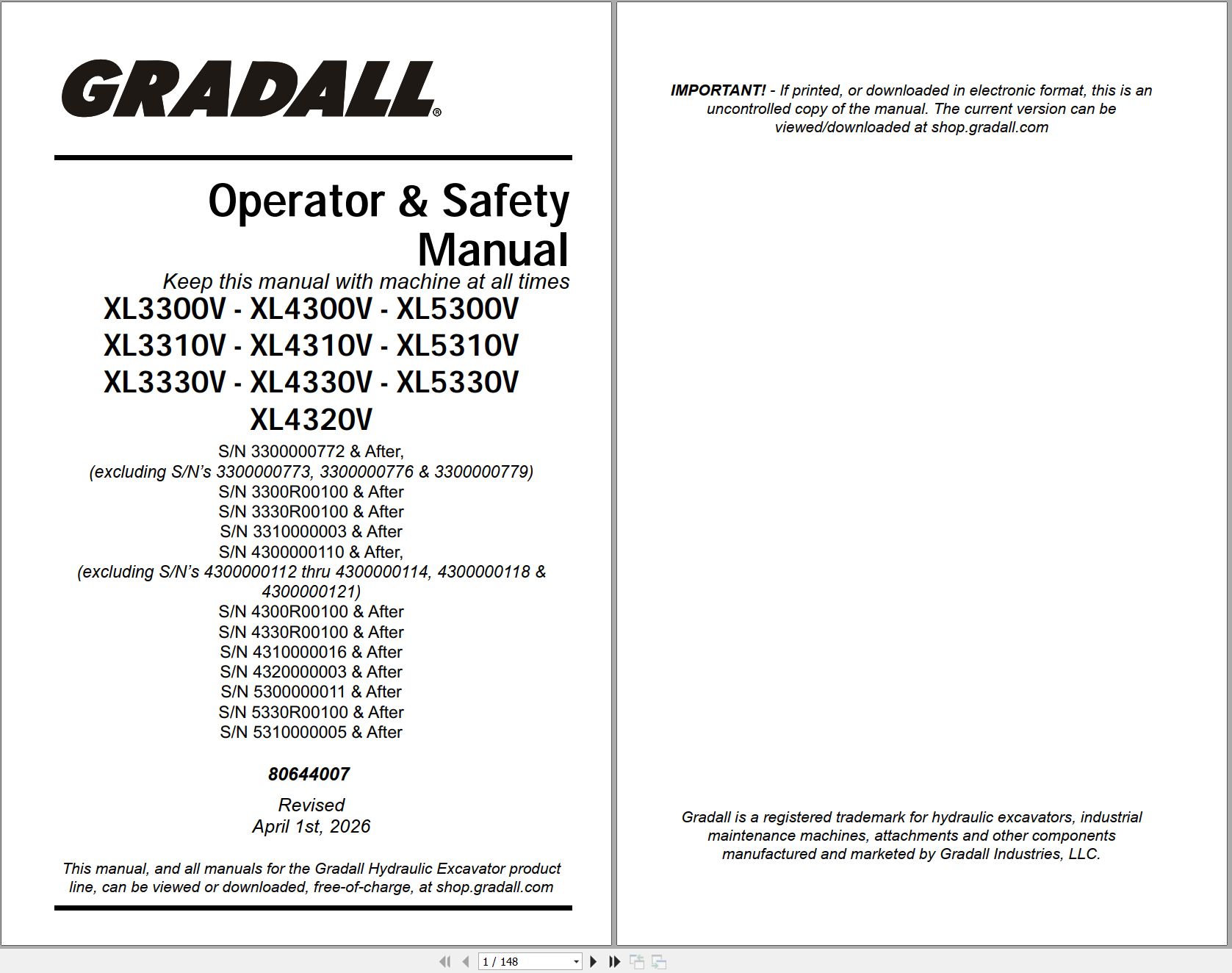 Gradall Wheeled Excavator XL5300V Operators Parts Service Manual (1)