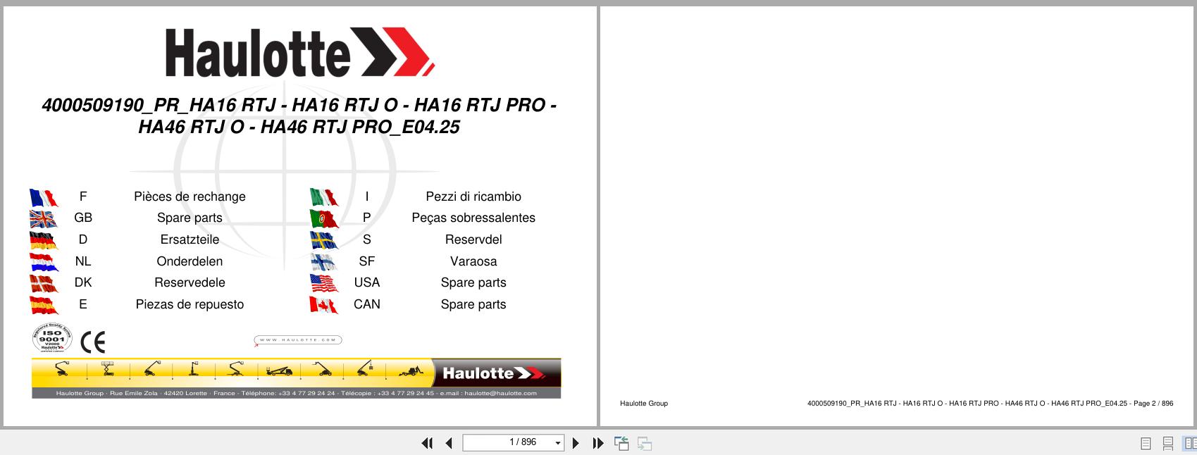 Haulotte Articulating Boom Lift HA16RTJ to HA46RTJ PRO Spare Parts Catalog 4000509190 04.2025 EN FR (1)