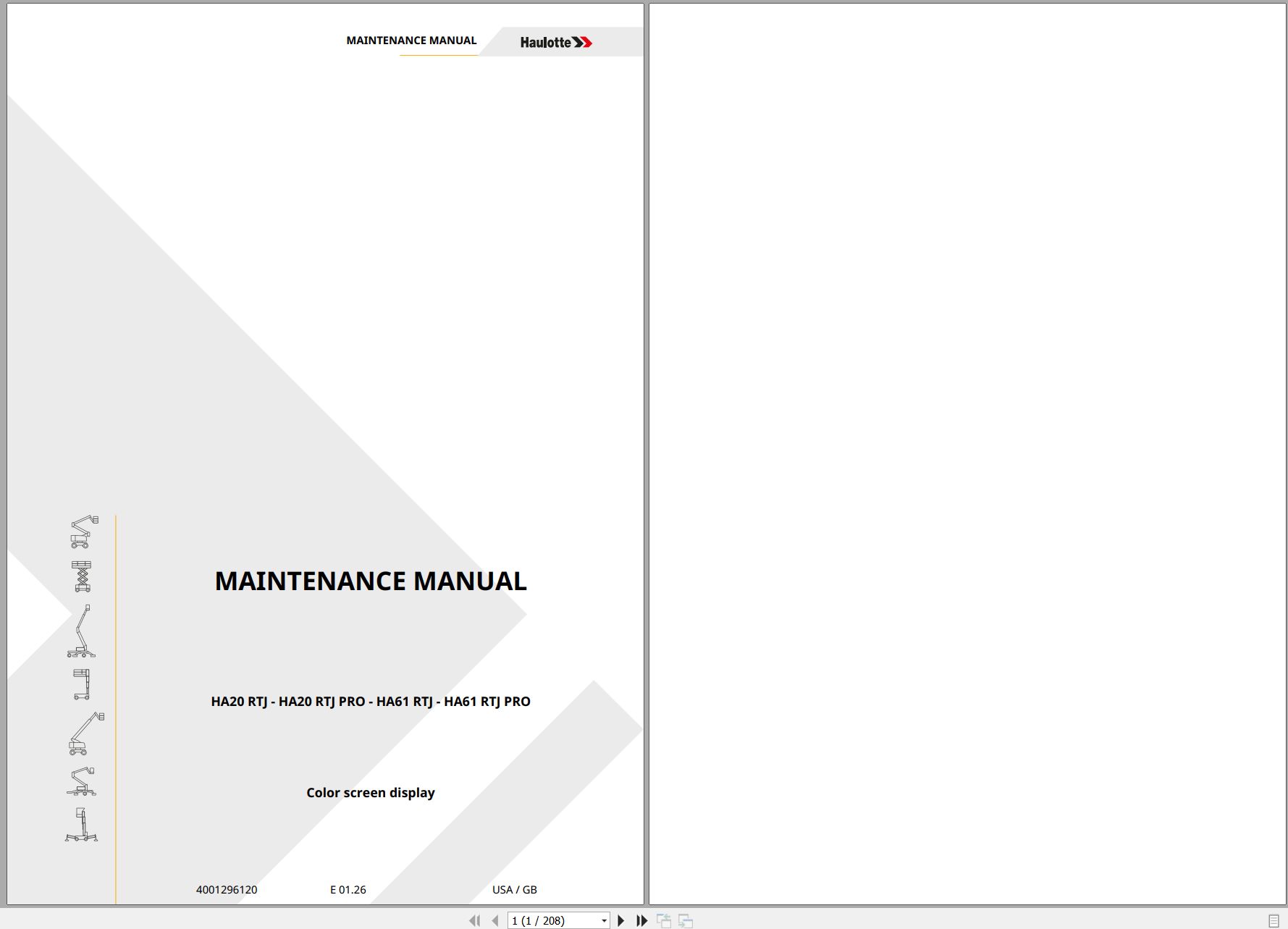 Haulotte Articulating Boom Lift HA20 RTJ to HA61 RTJ PRO Maintenance Manual 4001296120 01.2026 EN (1)