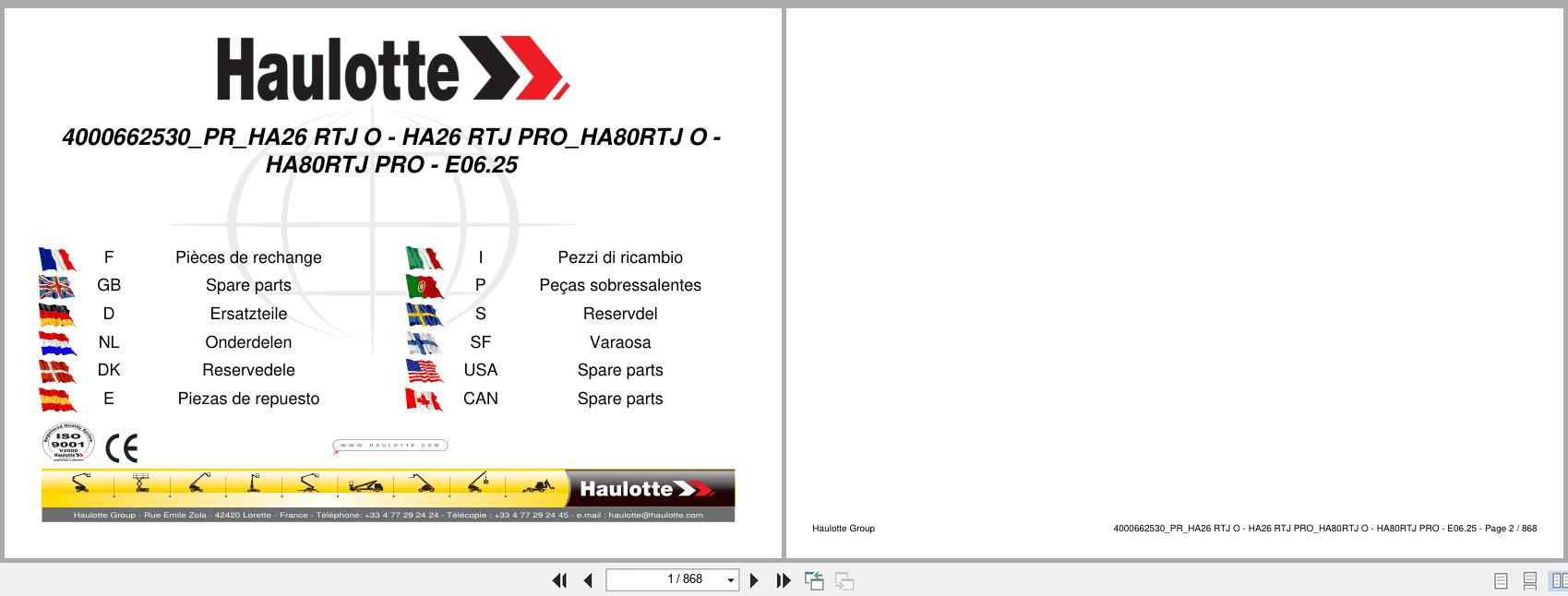 Haulotte Articulating Boom Lift HA26 RTJ O to HA80RTJ PRO Spare Parts Catalog 4000662530 06.2025 EN FR (1)