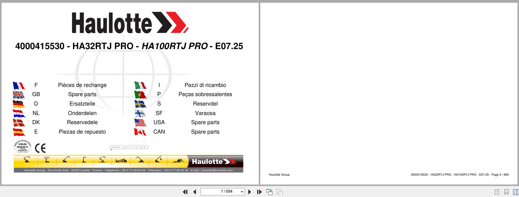 Haulotte Articulating Boom Lift HA32RTJ PRO HA100RTJ PRO Spare Parts Catalog 4000415530 07.2025 EN FR (1)