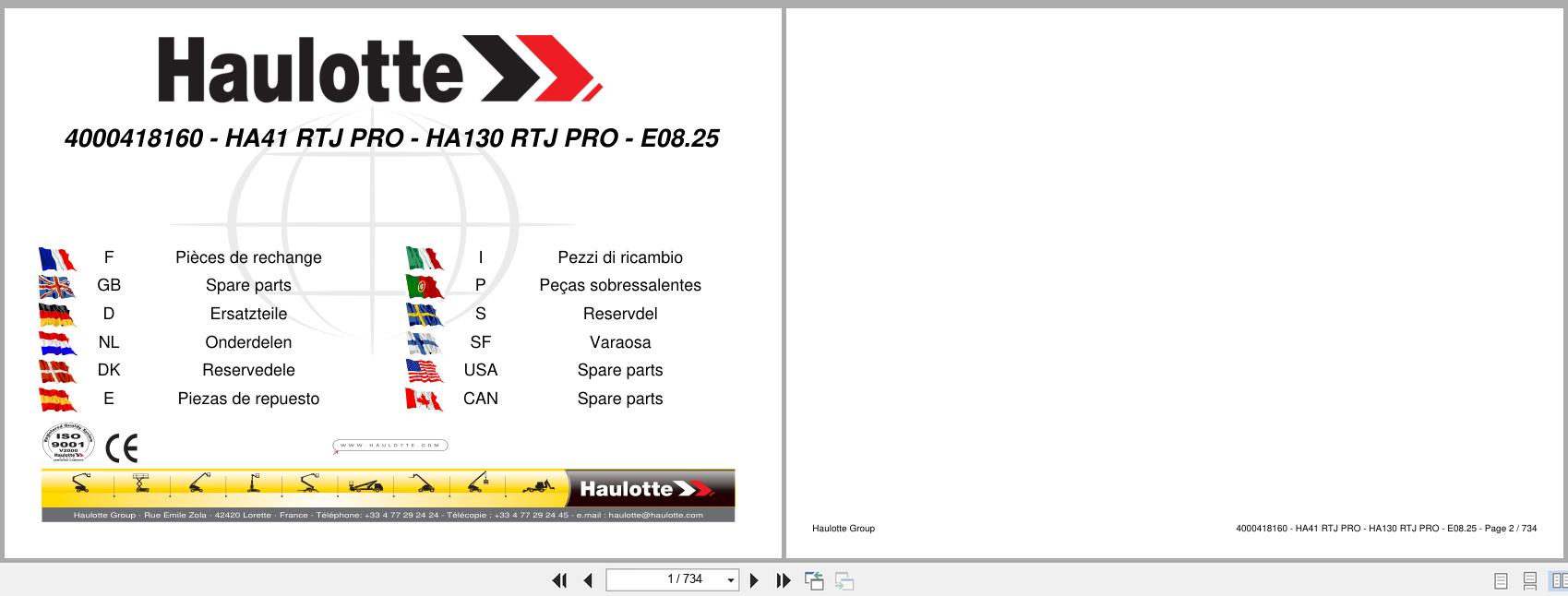 Haulotte Articulating Boom Lift HA41RTJ PRO HA130RTJ PRO Spare Parts Catalog 4000418160 08.2025 EN FR (1)