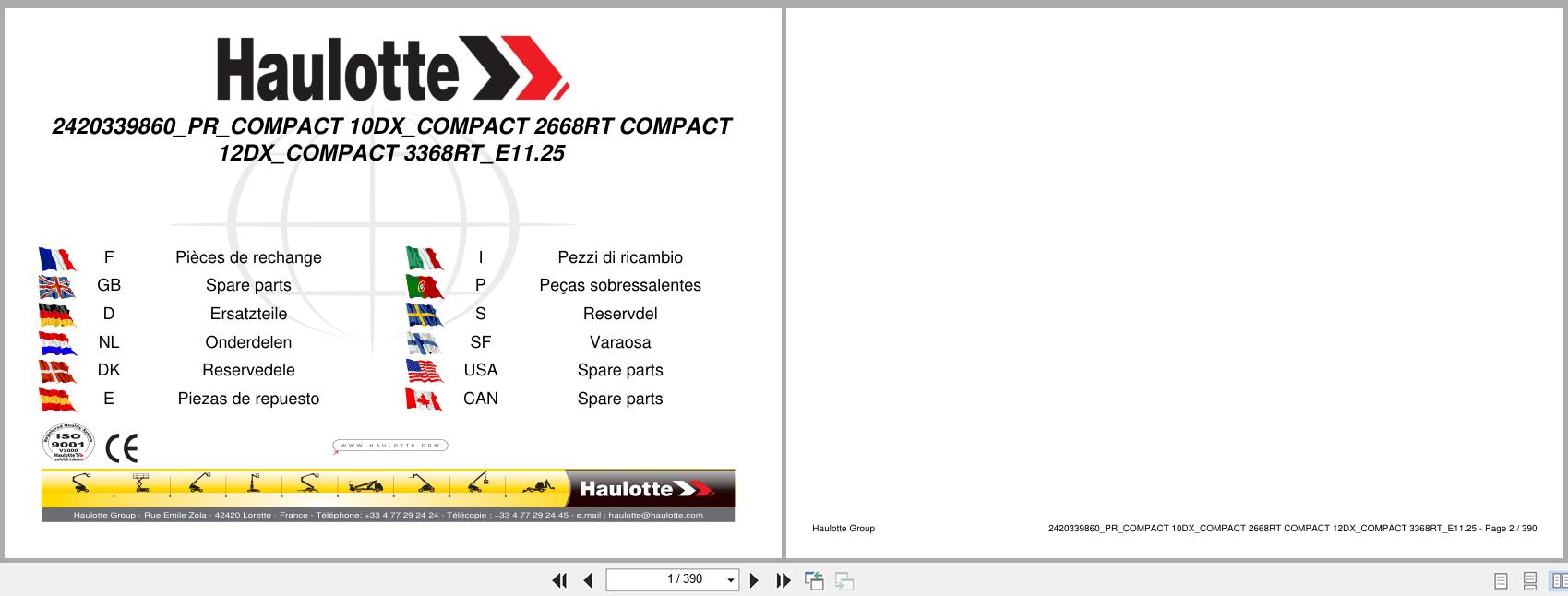 Haulotte Electric Scissor Lift COMPACT 10DX to COMPACT 3368RT Spare Parts Catalog 2420339860 11.2025 EN FR (1)