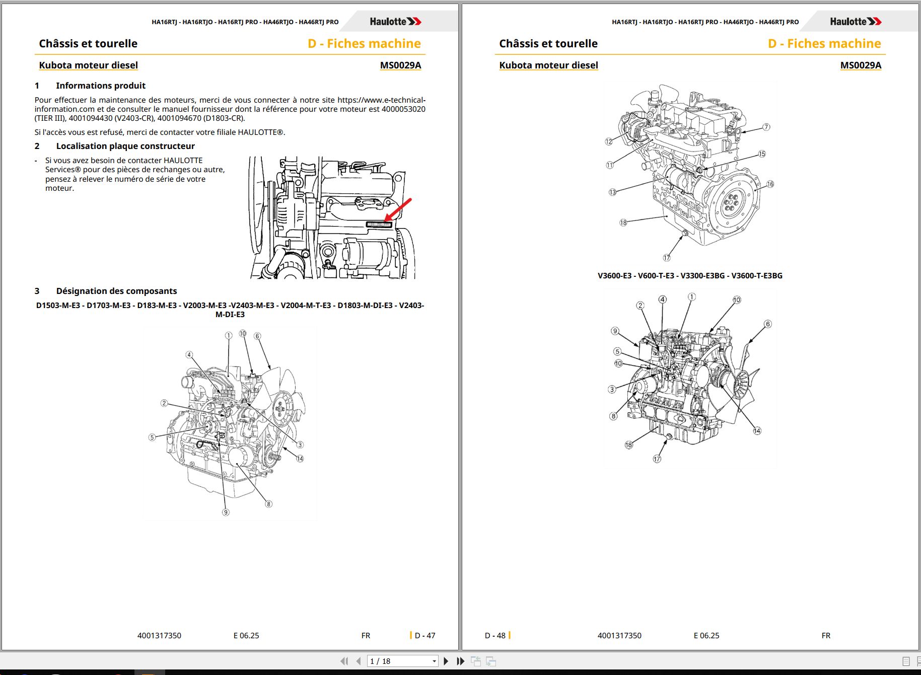 Haulotte Kubota Engine D1503 M E3 to V2403 M DI E3 Repair Maintenance Sheets MS0029 02.2022 FR (1)