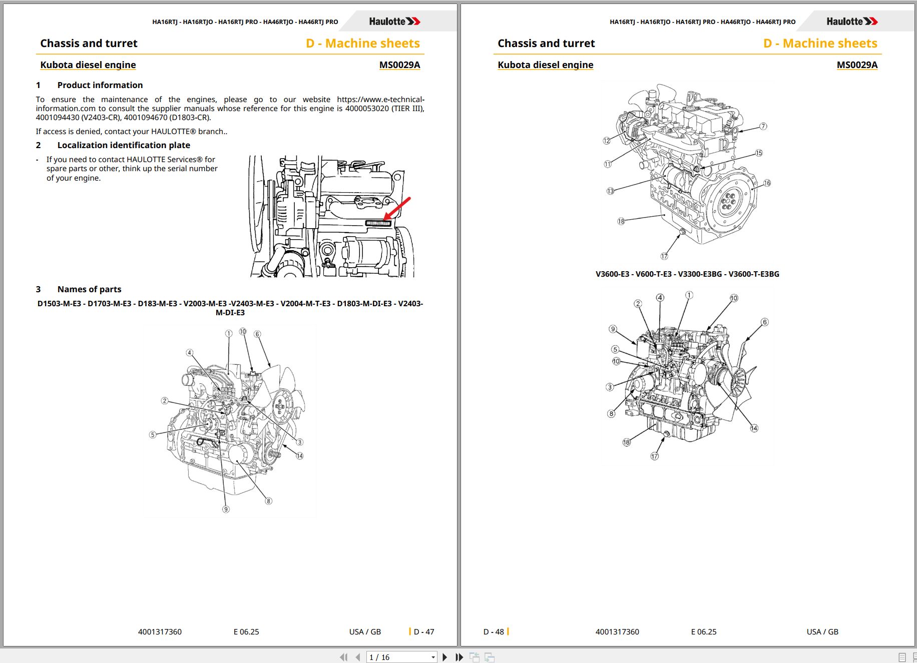 Haulotte Kubota Engine D1503 M E3 to V2403 M DI E3 Repair Maintenance Sheets MS0029A 02.2022 EN (1)