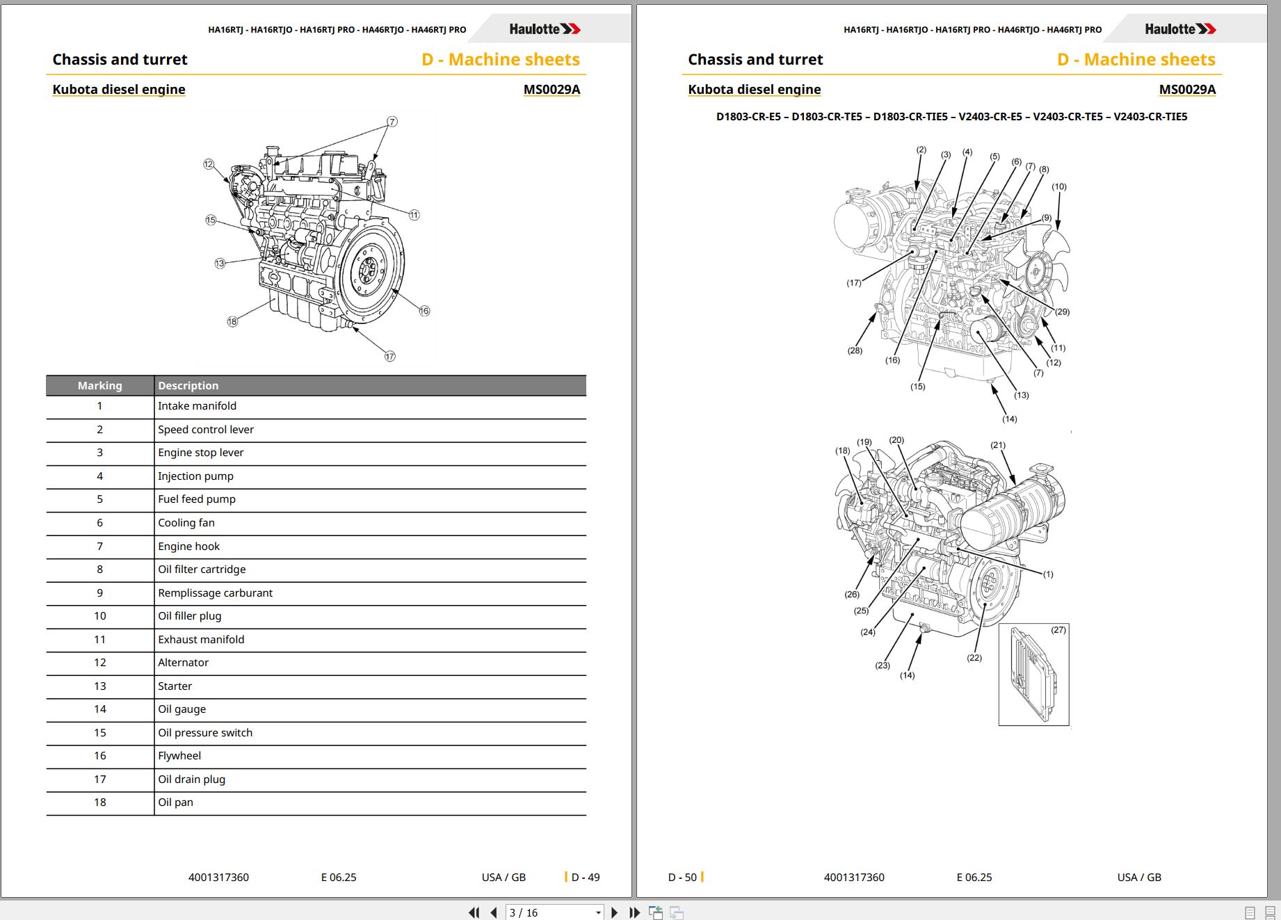 Haulotte Kubota Engine D1503 M E3 to V2403 M DI E3 Repair Maintenance Sheets MS0029A 02.2022 EN (2)