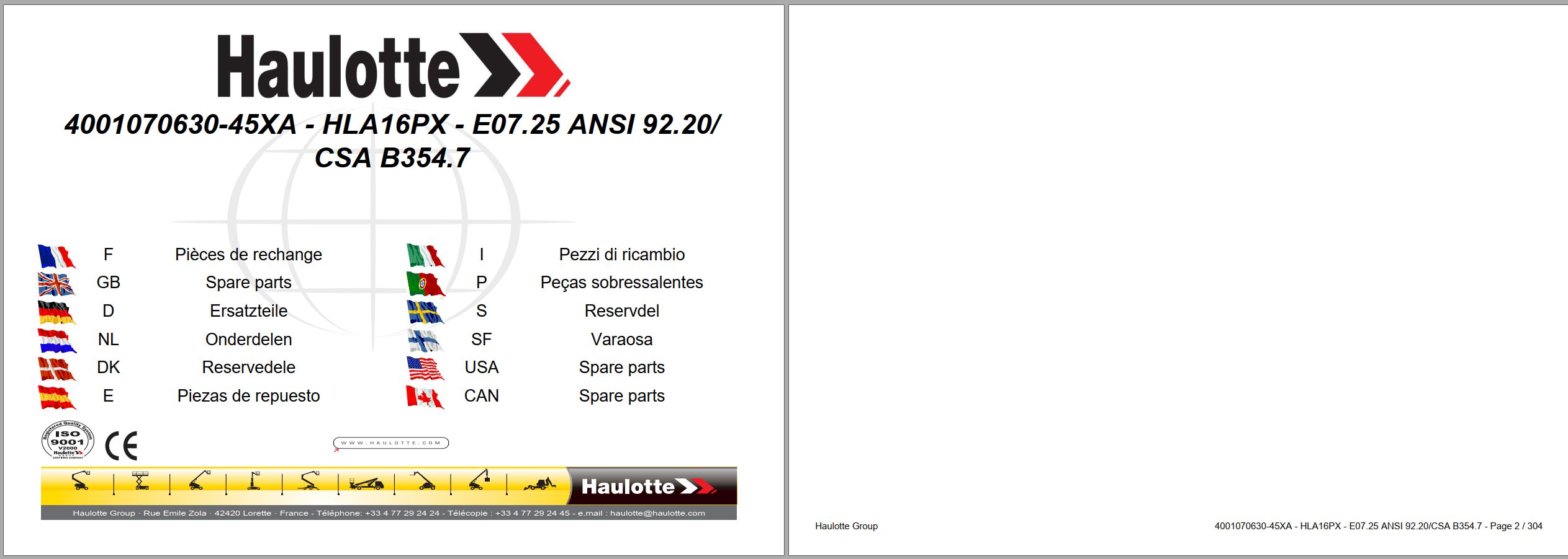 Haulotte Lightweight Self Propelled Boom Lift HLA16PX 45XA Spare Parts Catalog 4001070630 07.2025 EN FR (1)
