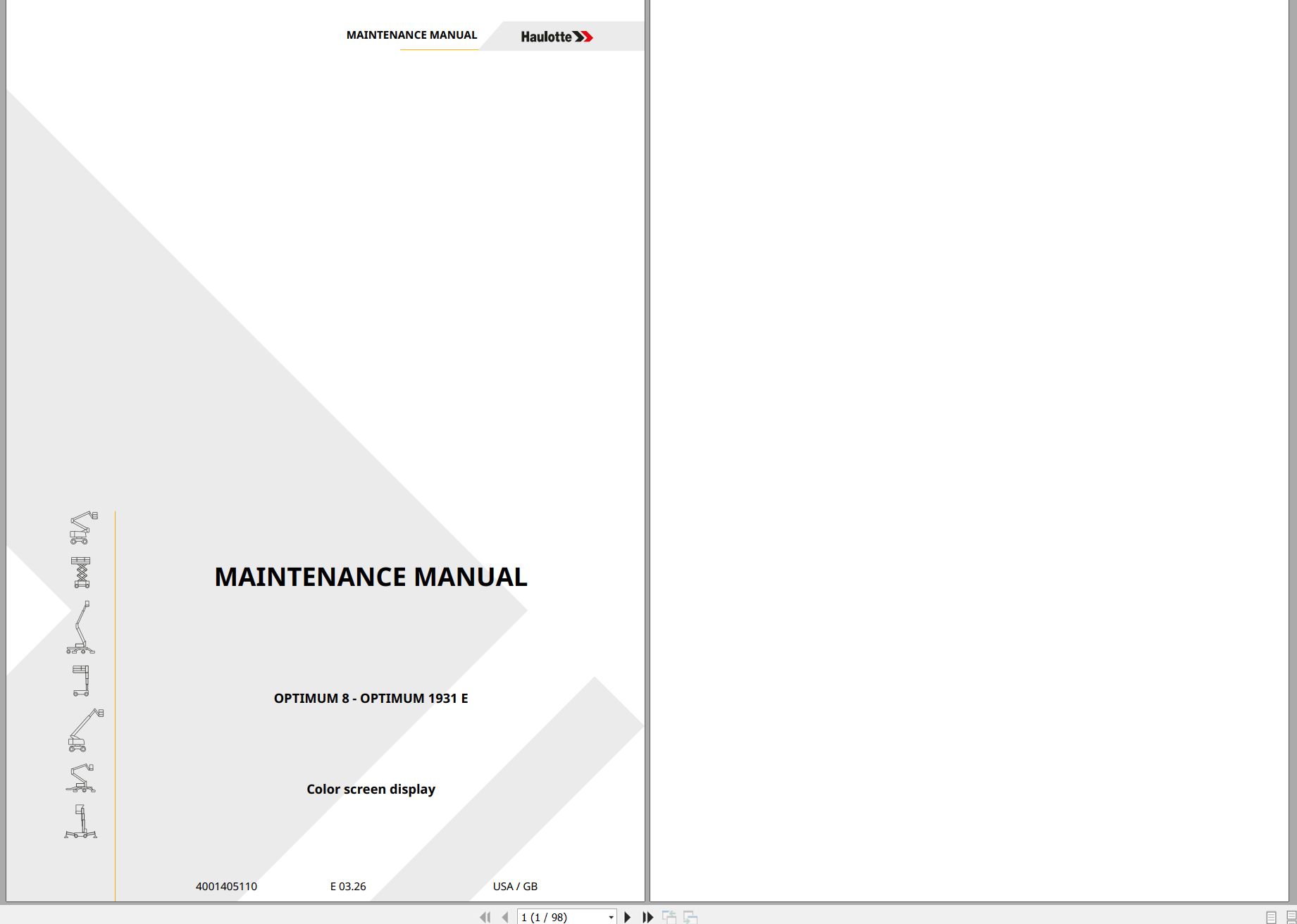 Haulotte Scissor Lift OPTIMUM 8 OPTIMUM 1931 E Maintenance Manual 4001405110 03.2026 EN (1)