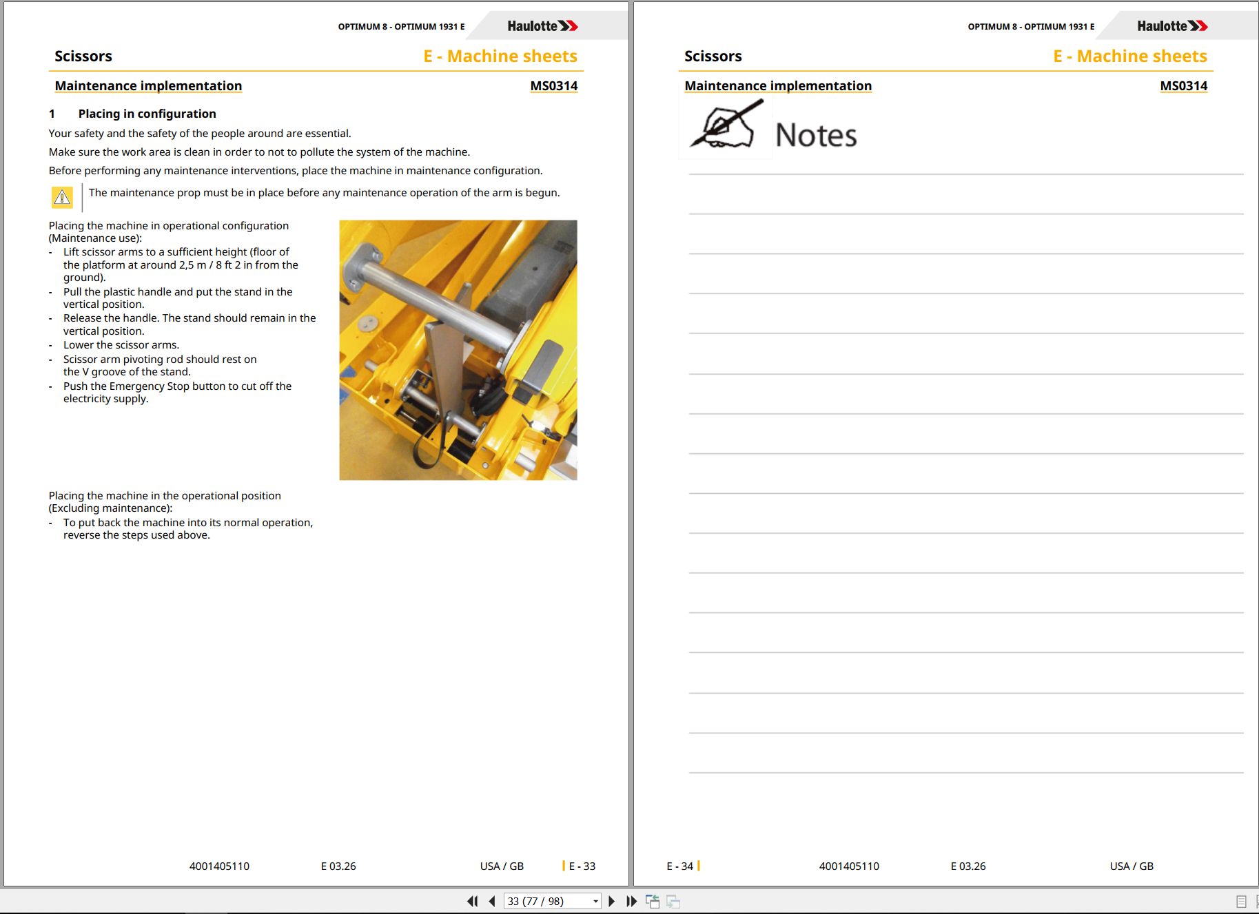 Haulotte Scissor Lift OPTIMUM 8 OPTIMUM 1931 E Maintenance Manual 4001405110 03.2026 EN (2)