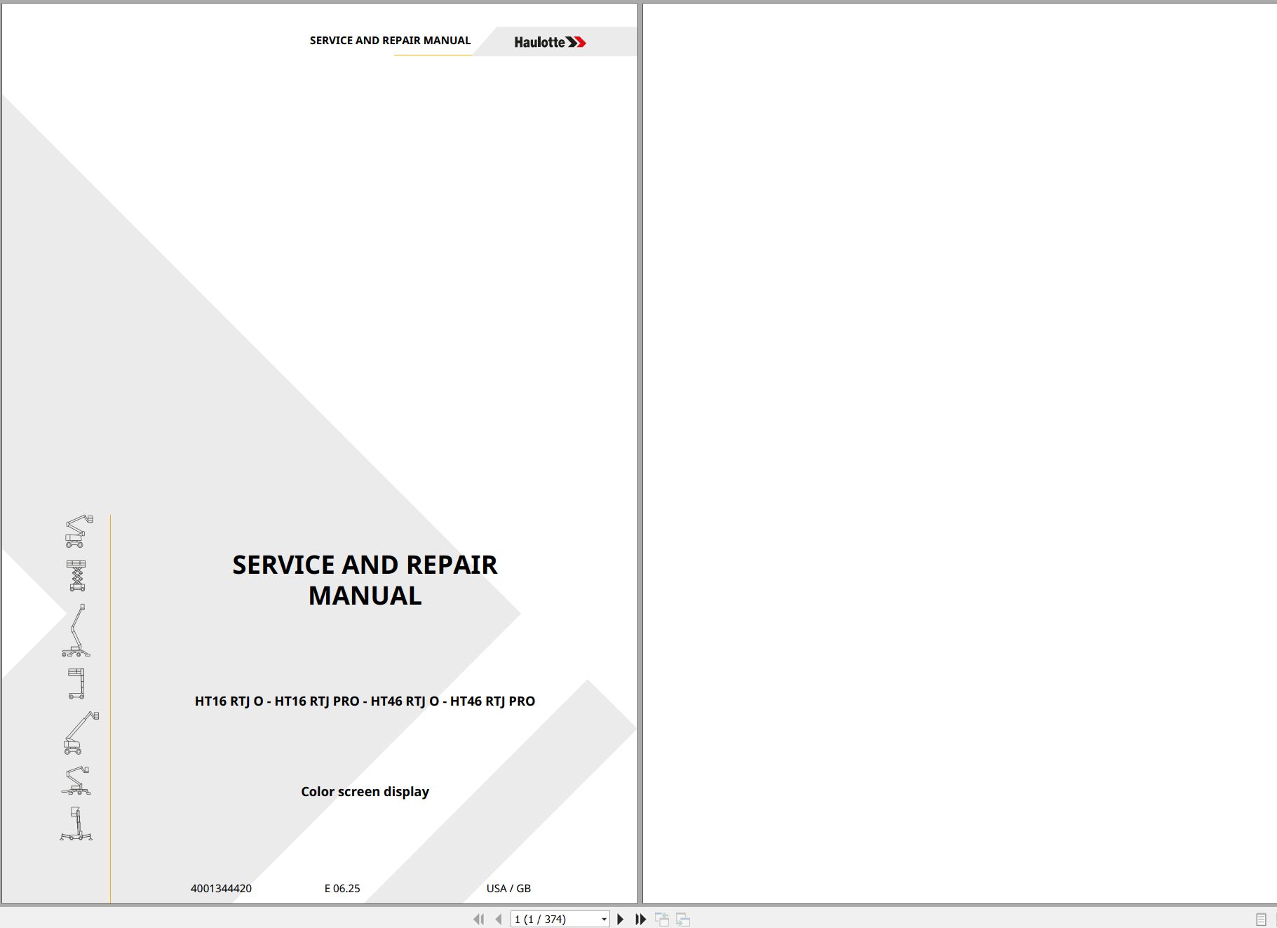 Haulotte Telescopic Booms HT16 RTJ O to HT46 RTJ PRO Service Repair Manual 4001344420 06.2025 EN (1)