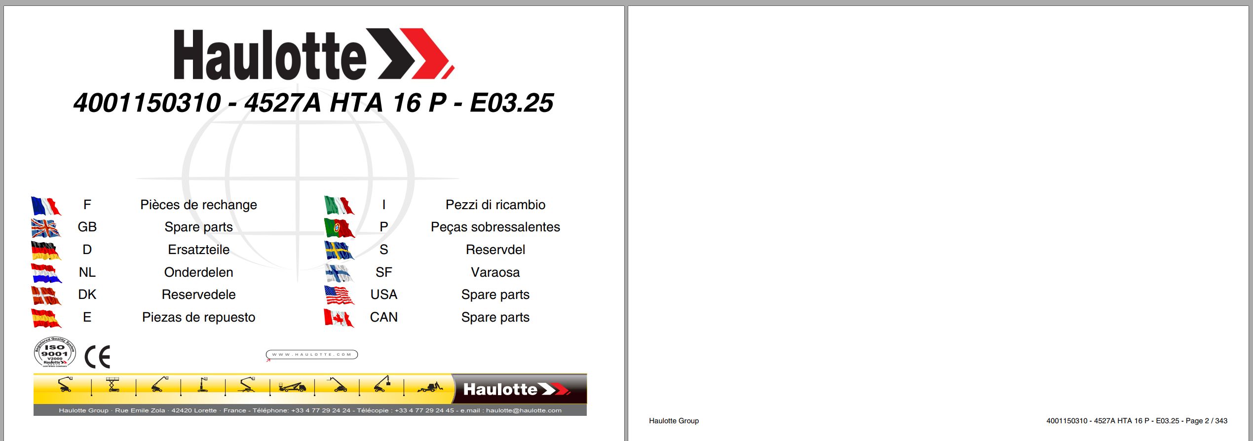 Haulotte Trailer Mounted Booms 4527A HTA 16 P Spare Parts Catalog 4001150310 03.2025 EN FR (1)