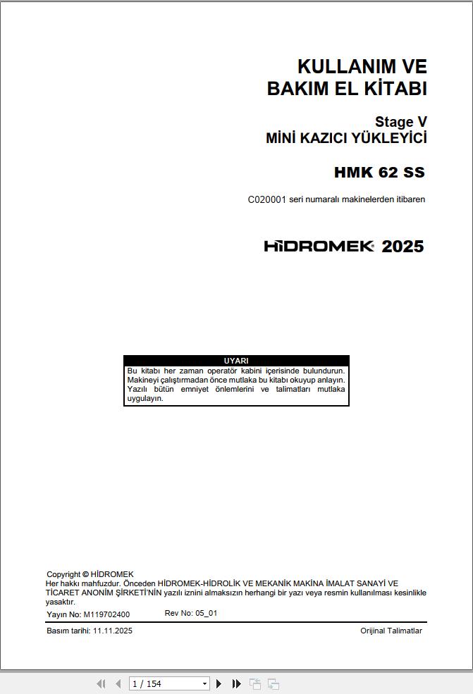 Hidromek Backhoe Loader HMK62SS Stage5 Operation Manual M119702400 2025 TR (1)