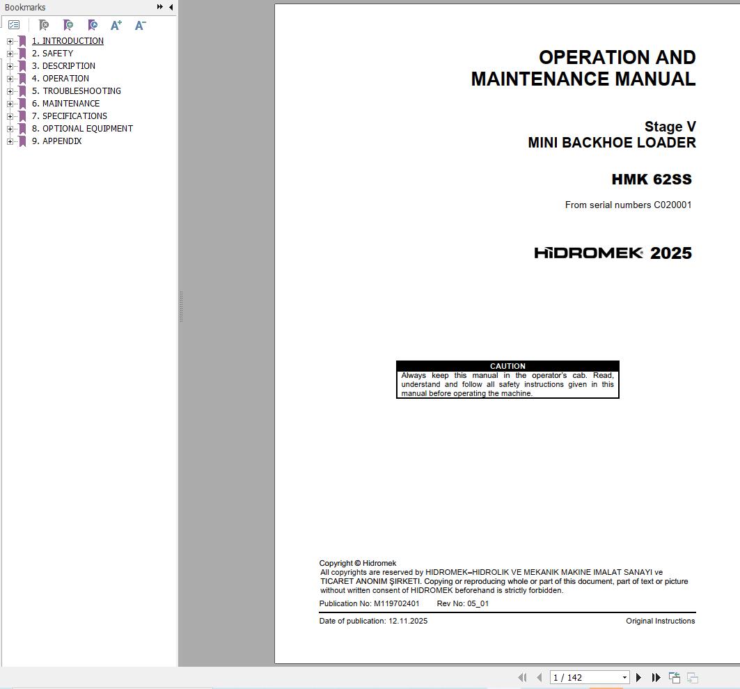 Hidromek Backhoe Loader HMK62SS Stage5 Operation Manual M119702401 2025 (1)