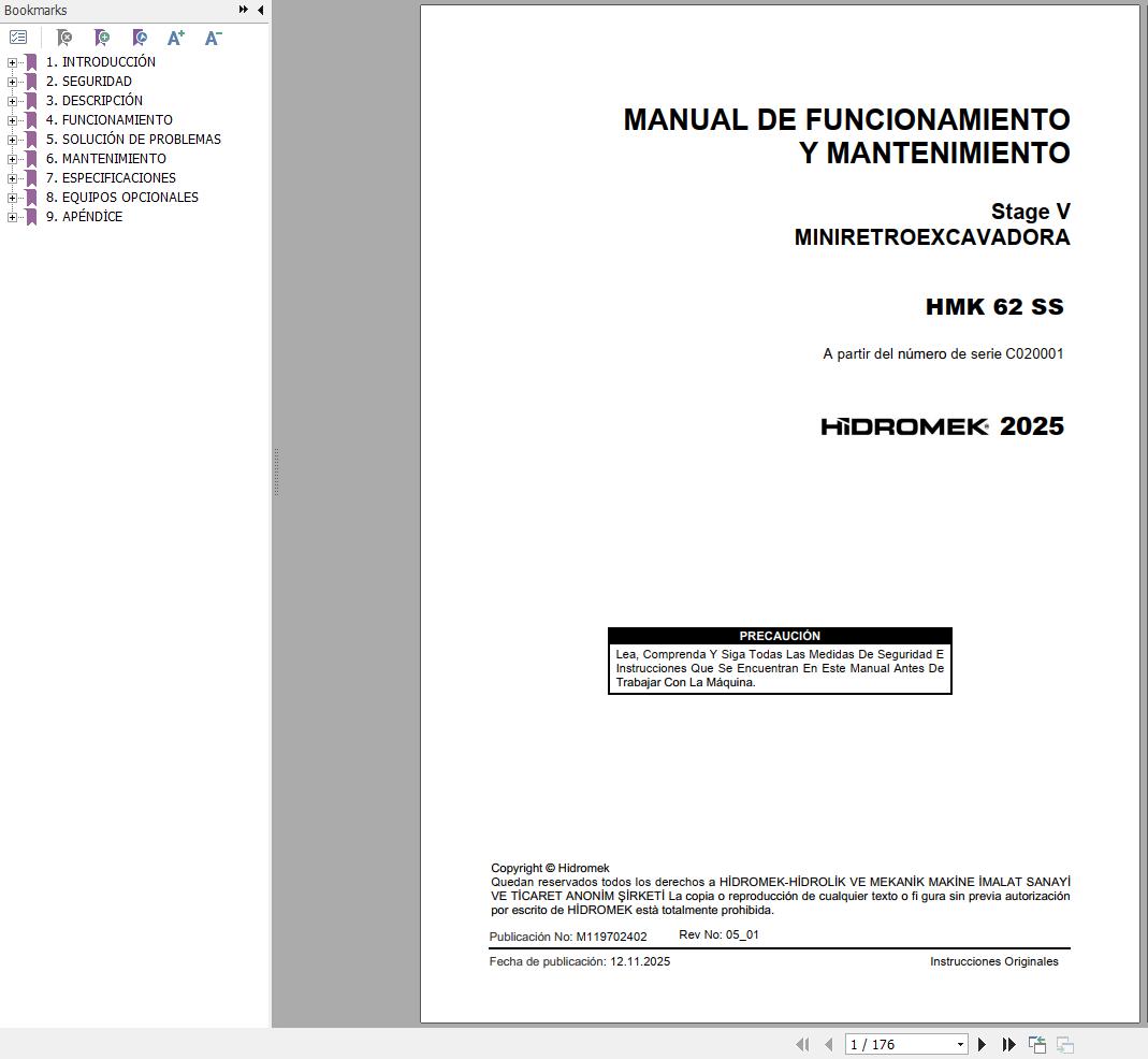 Hidromek Backhoe Loader HMK62SS Stage5 Operation Manual M119702402 2025 ES (1)