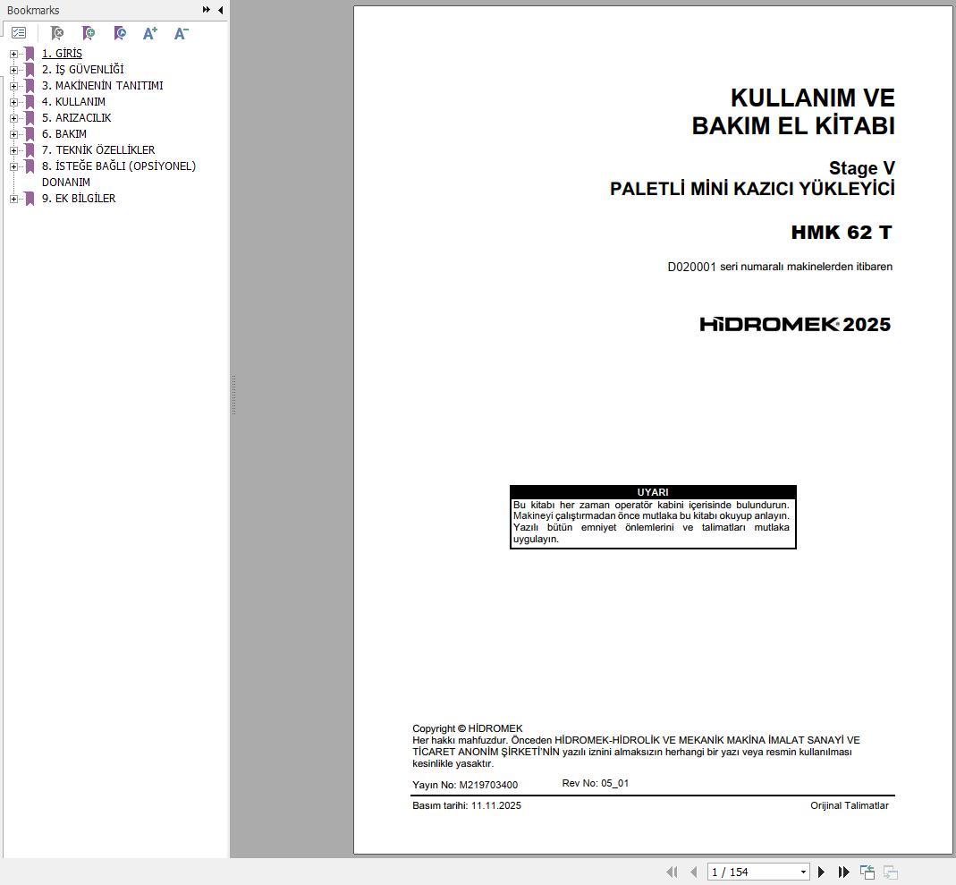 Hidromek Backhoe Loader HMK62T Stage5 Operation Manual M219703400 2025 TR (1)